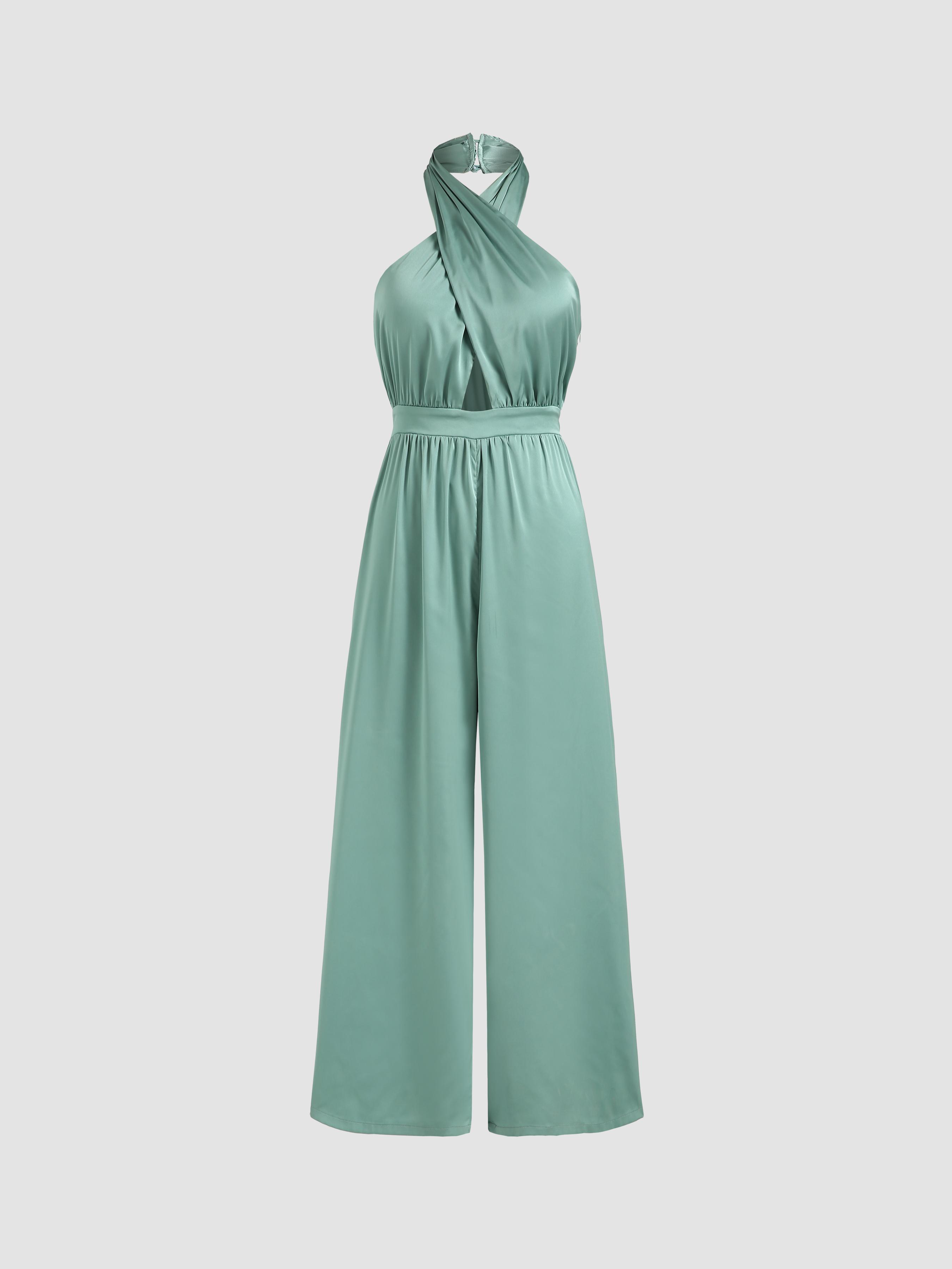 Solid Satin Cross Halter Jumpsuit by CIDER