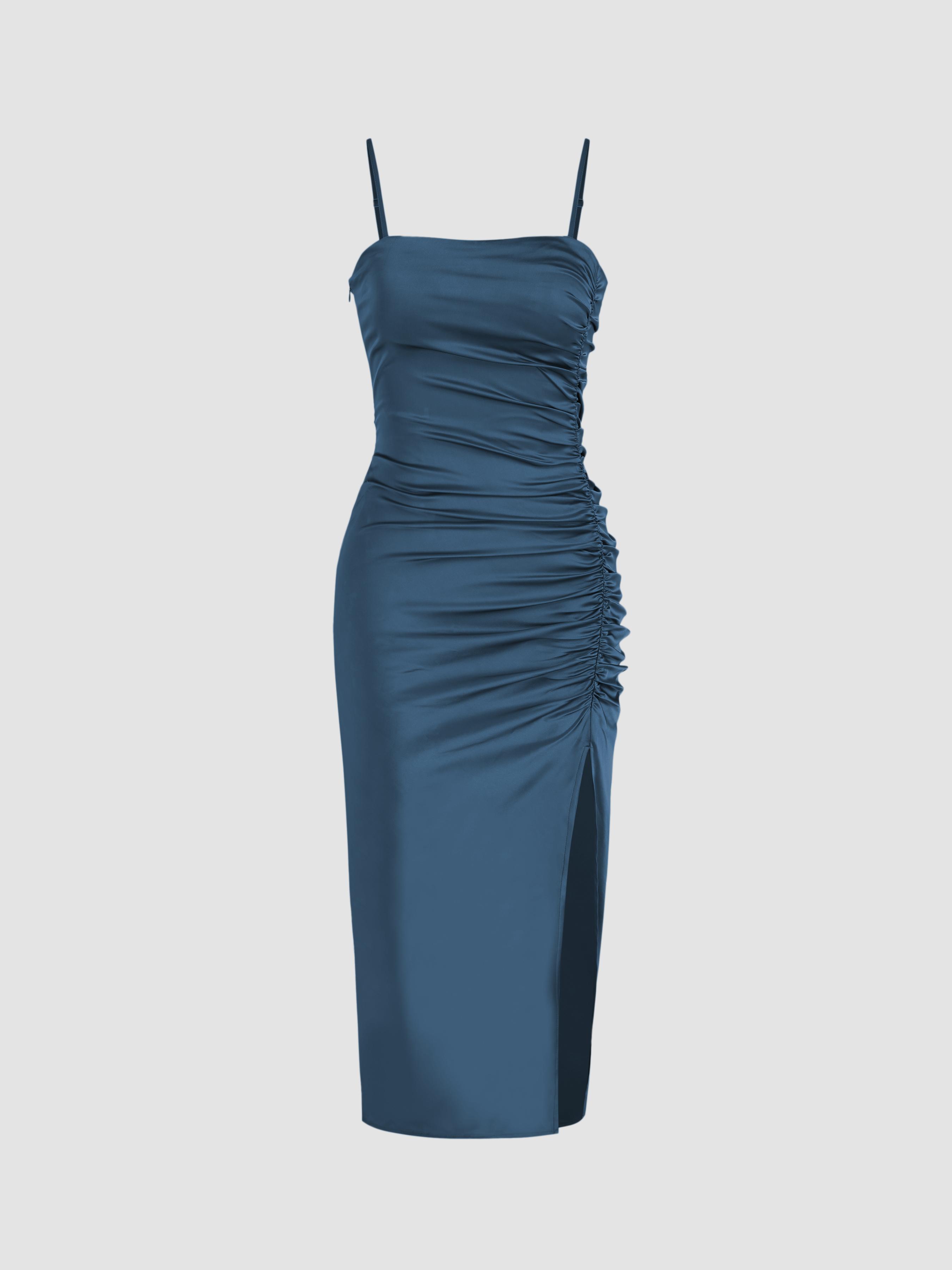 Solid Satin Ruched Split Midi Cami Dress by CIDER