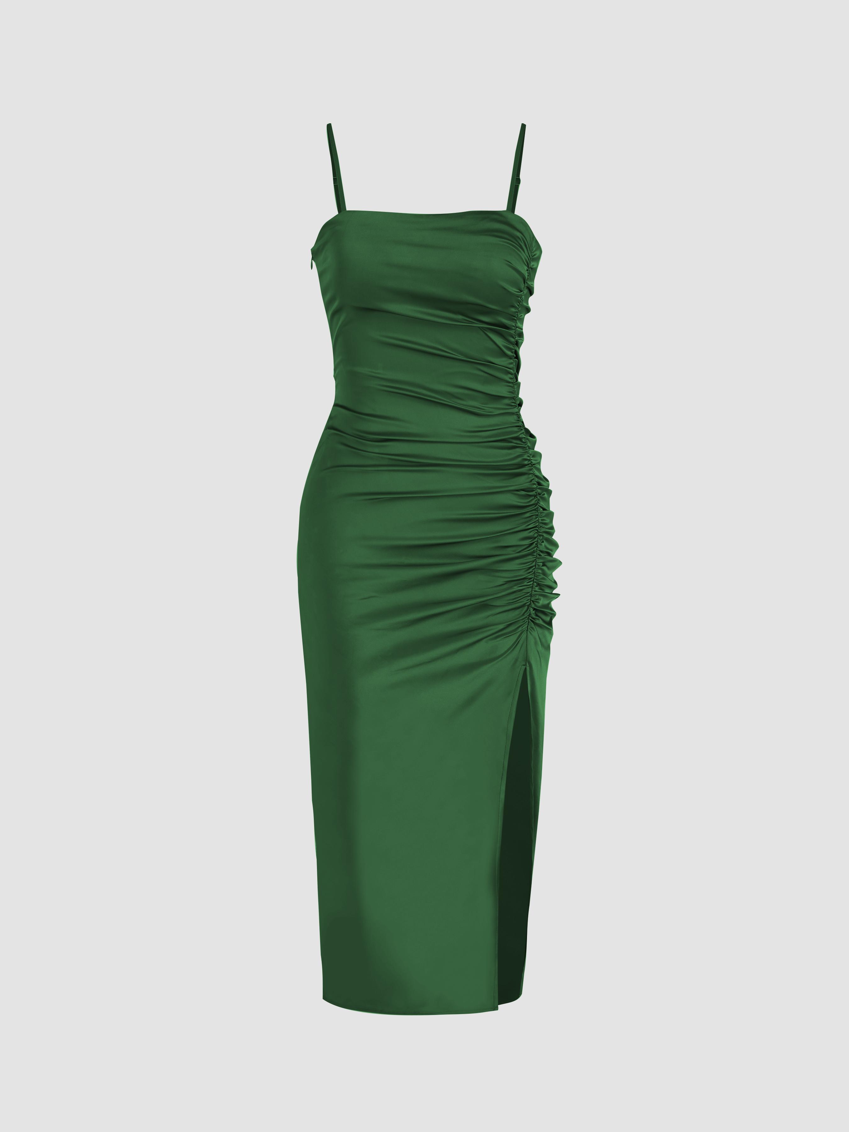 Solid Satin Ruched Split Midi Cami Dress by CIDER