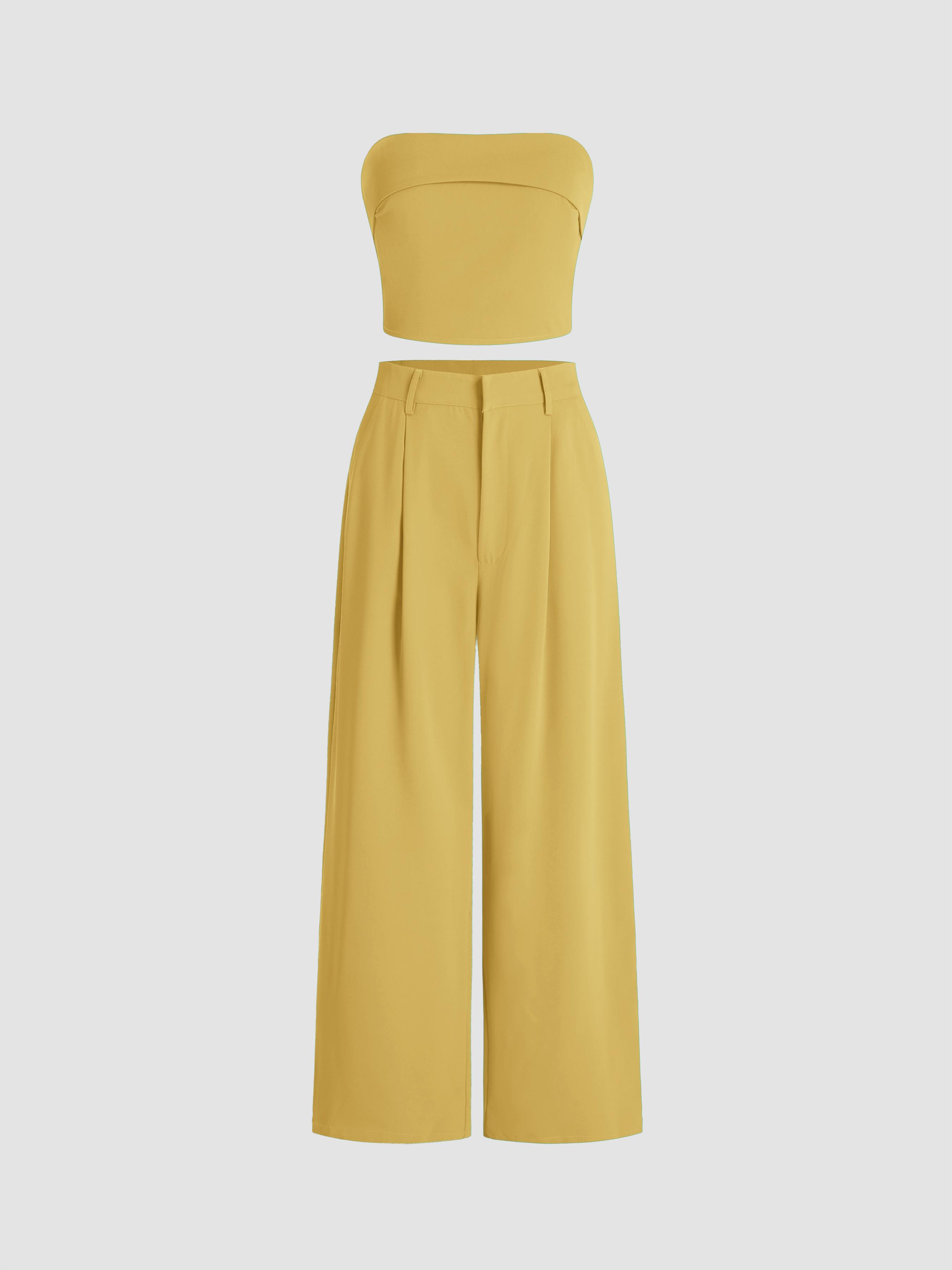 Solid Shirred Tube Top & High Waist Pants Set by CIDER