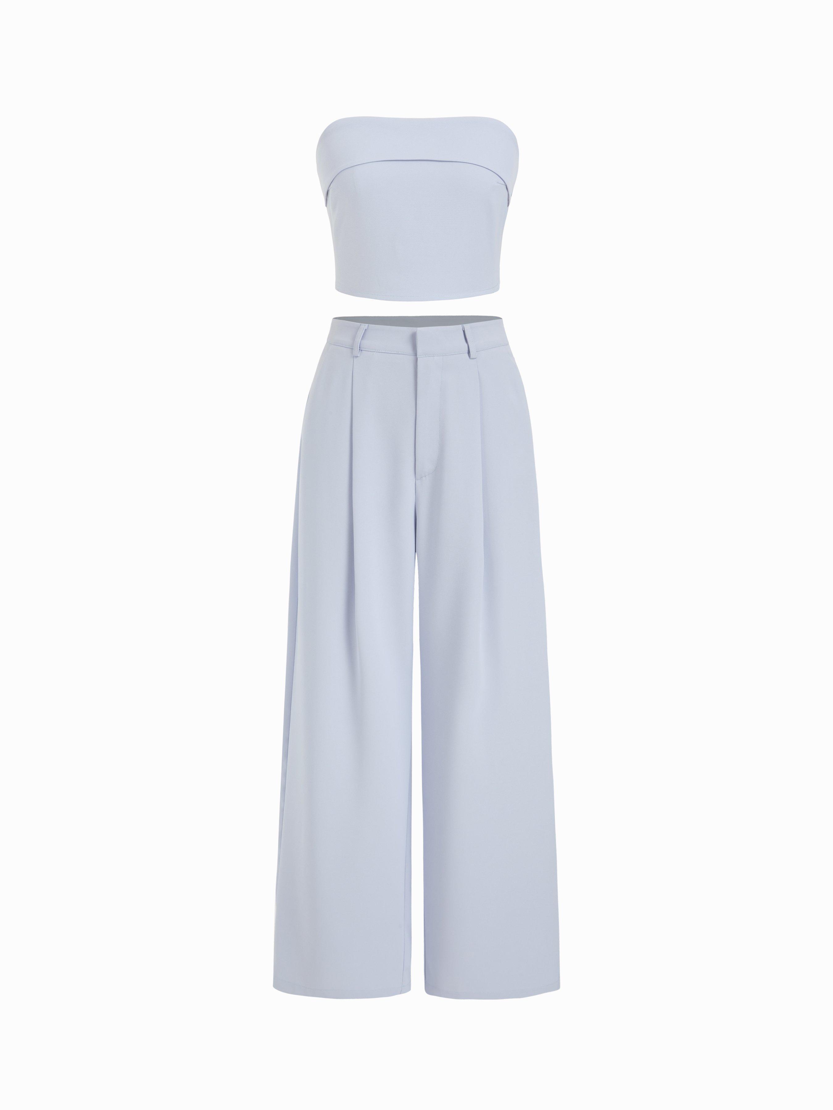 Solid Shirred Tube Top & High Waist Pants Set by CIDER