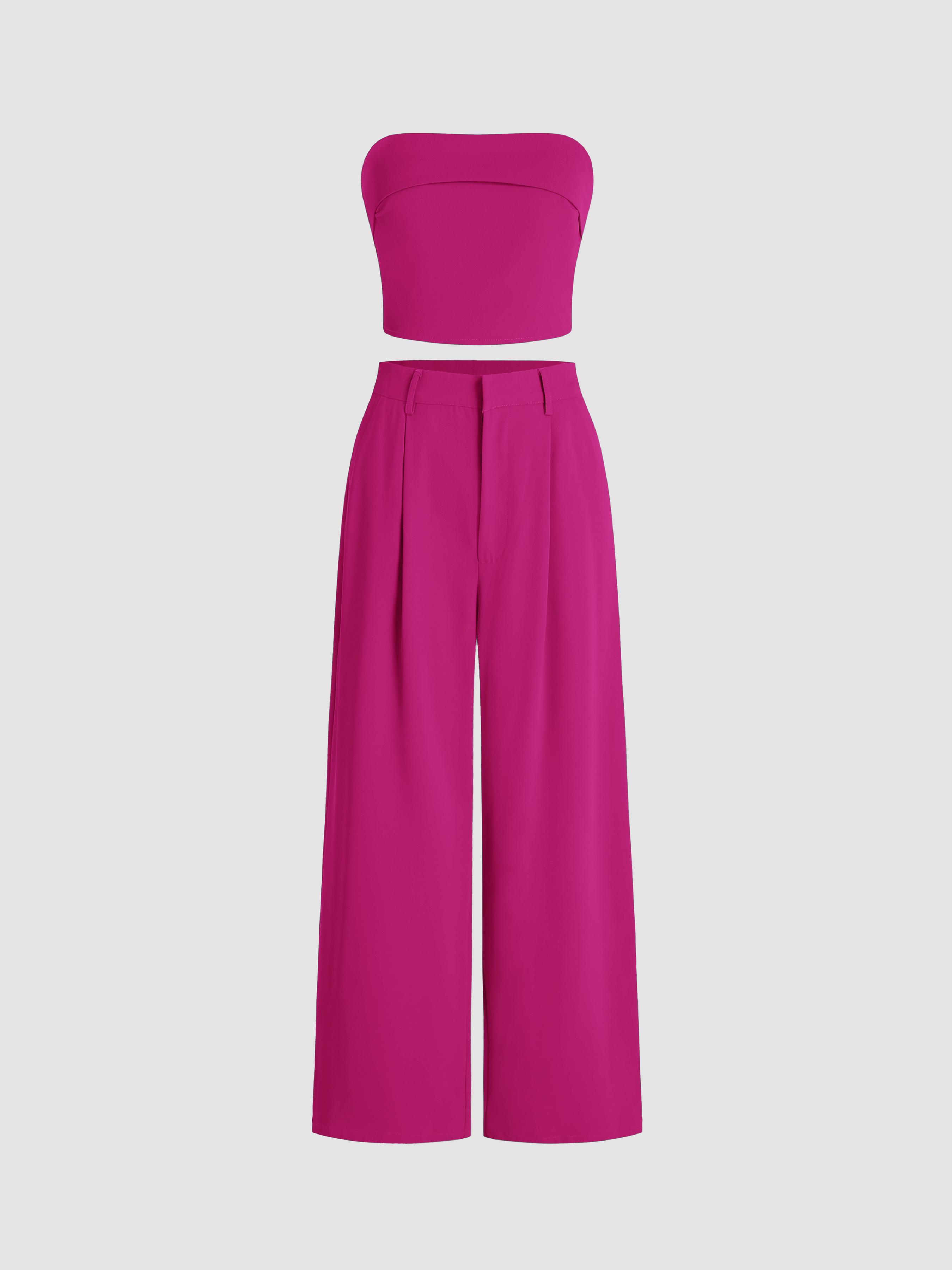 Solid Shirred Tube Top & High Waist Pants Set by CIDER