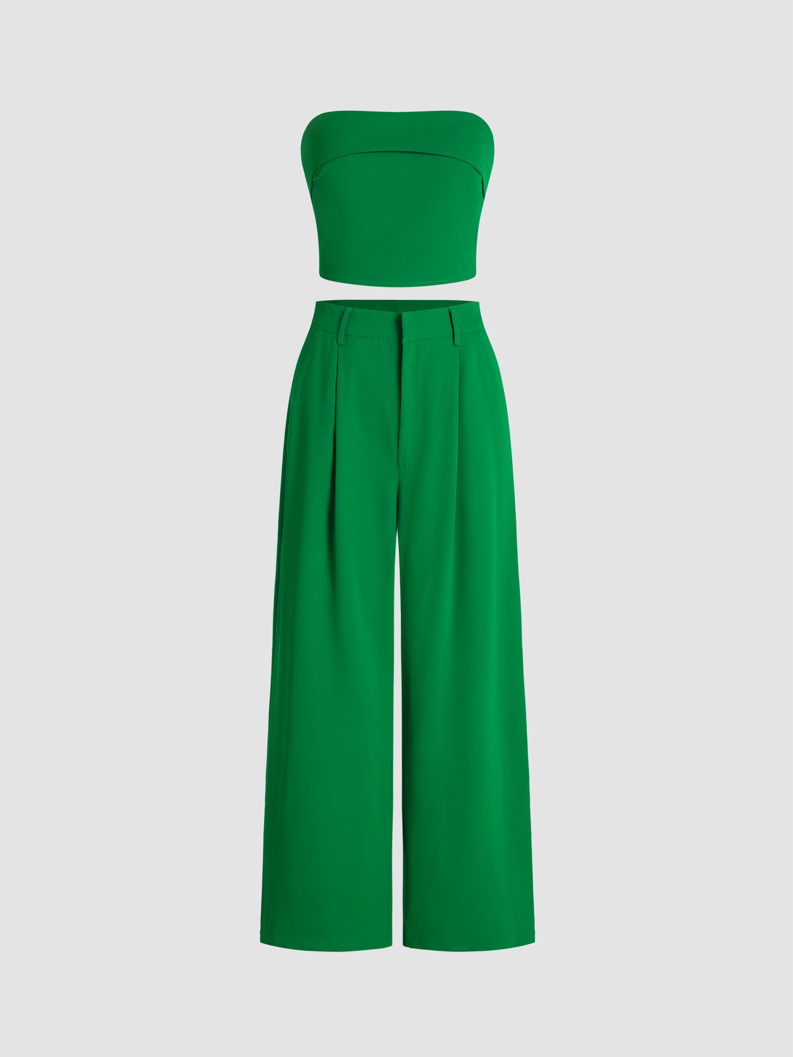 Solid Shirred Tube Top & High Waist Pants Set by CIDER