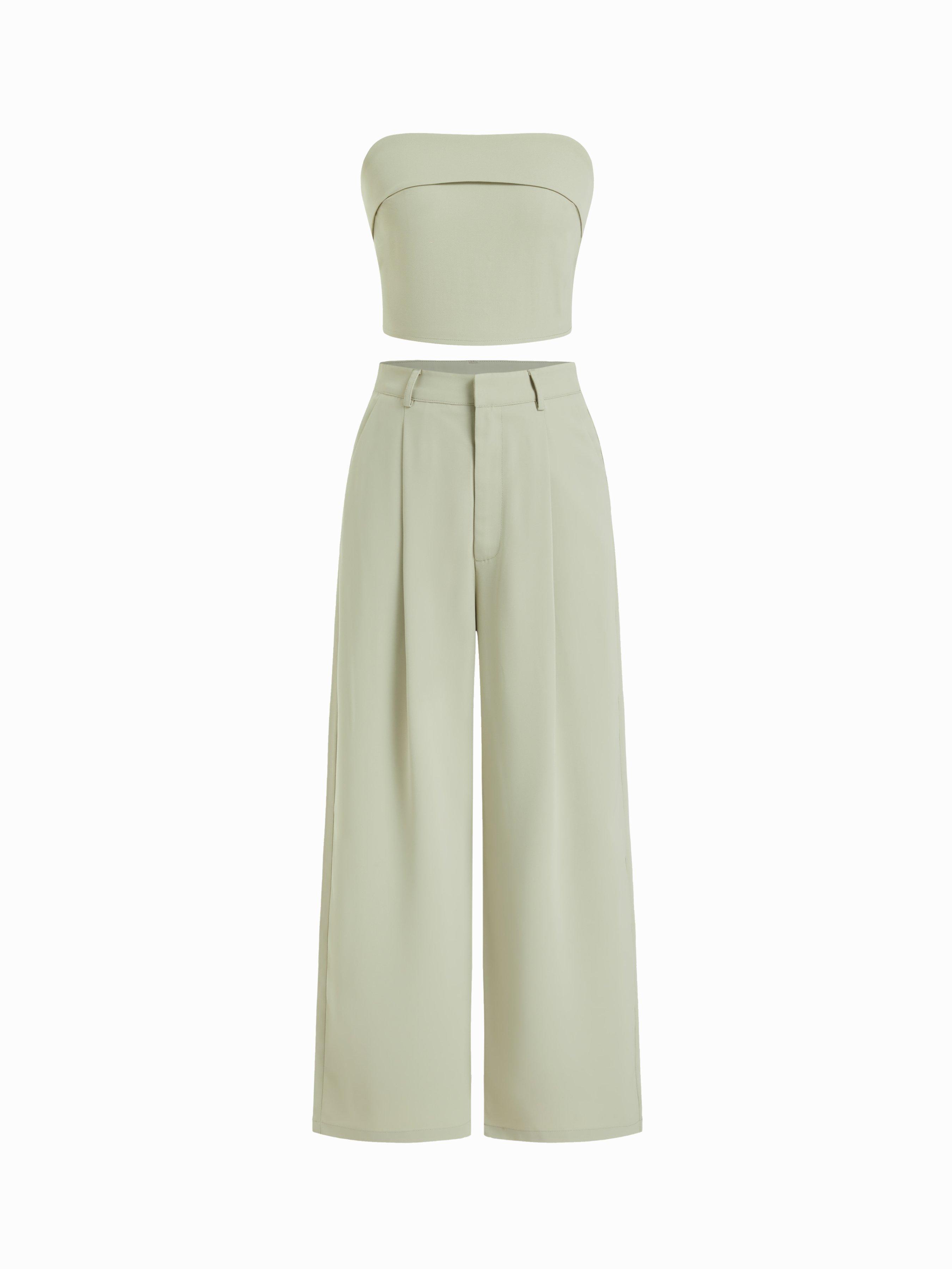 Solid Shirred Tube Top & High Waist Pants Set by CIDER