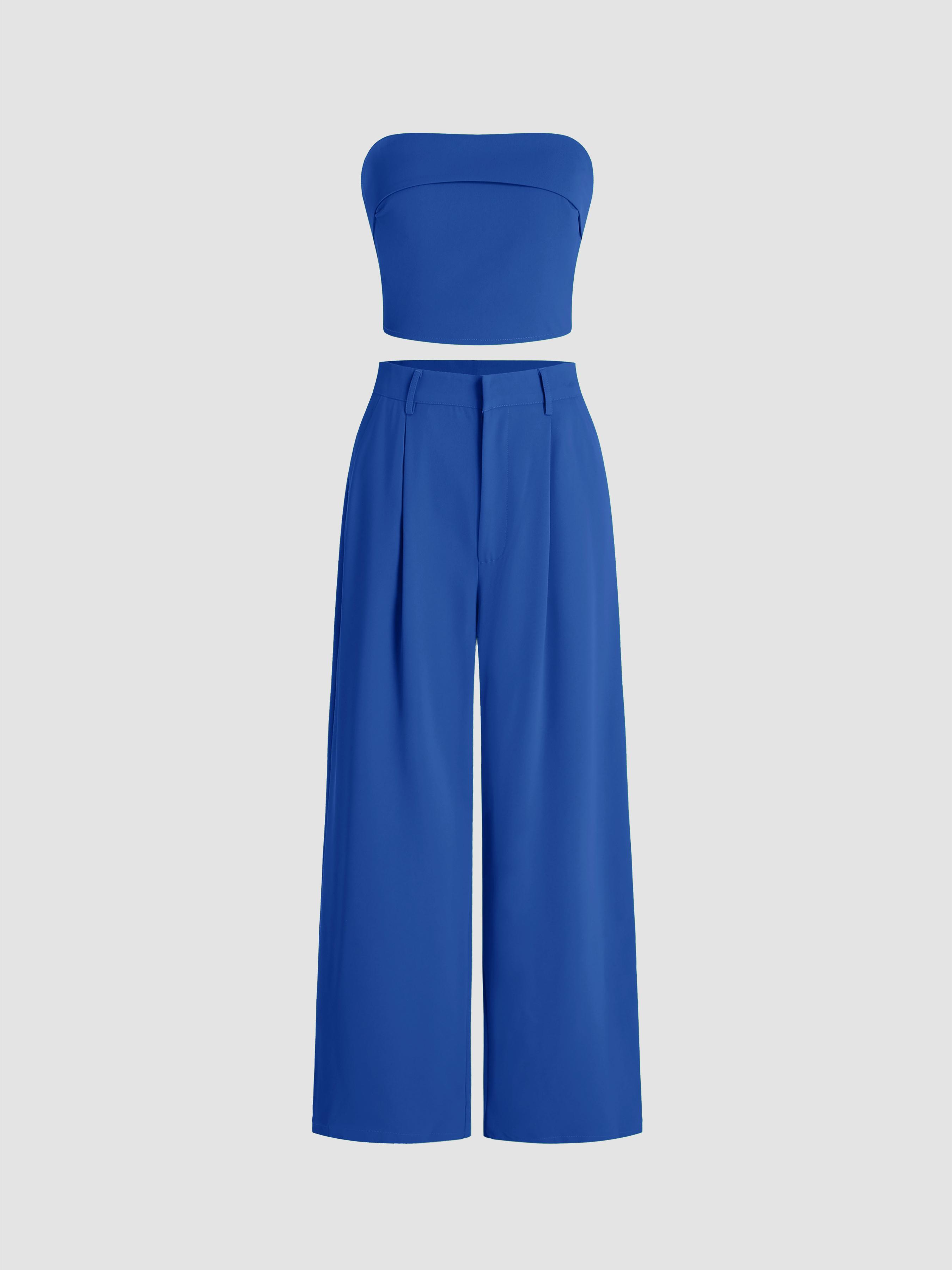 Solid Shirred Tube Top & High Waist Pants Set by CIDER