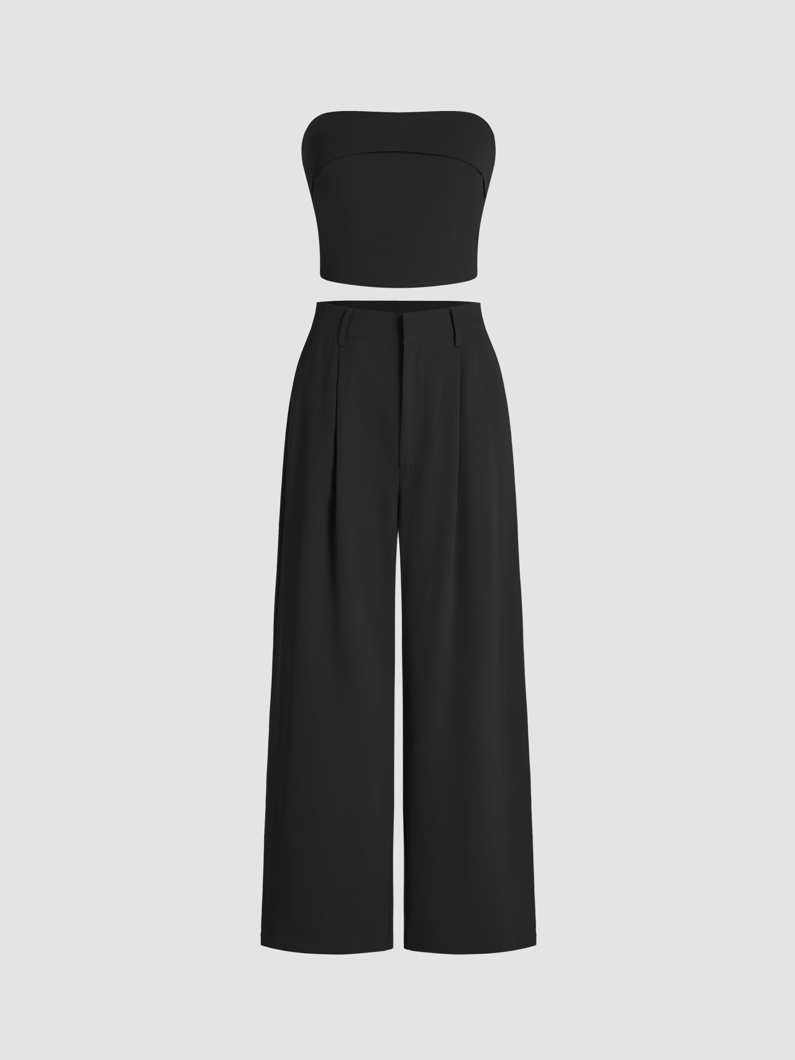 Solid Shirred Tube Top & High Waist Pants Set by CIDER