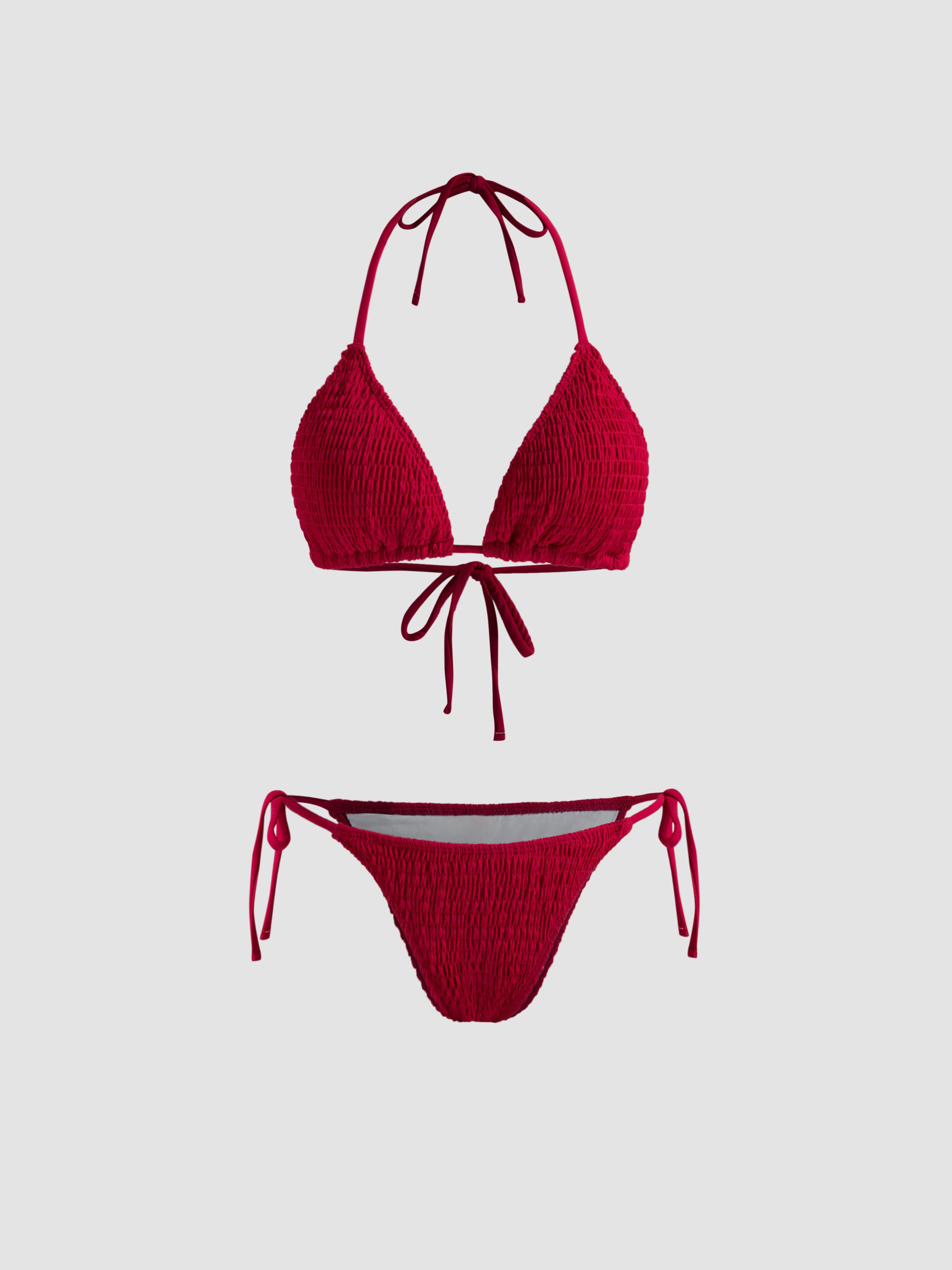 Solid Smocked Triangle Bikini Set by CIDER