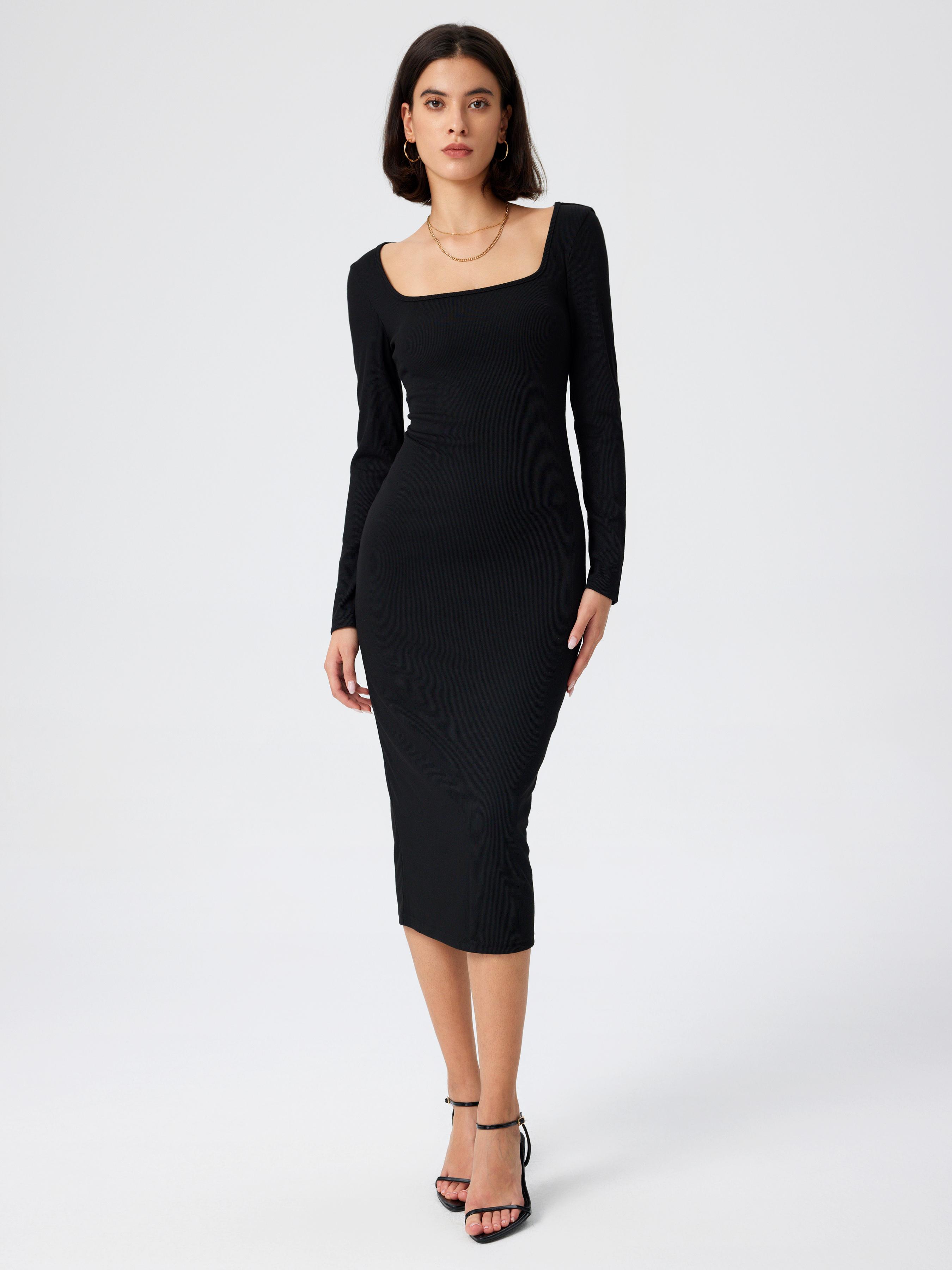 Solid Square Neck Long Sleeve Midi Dress by CIDER