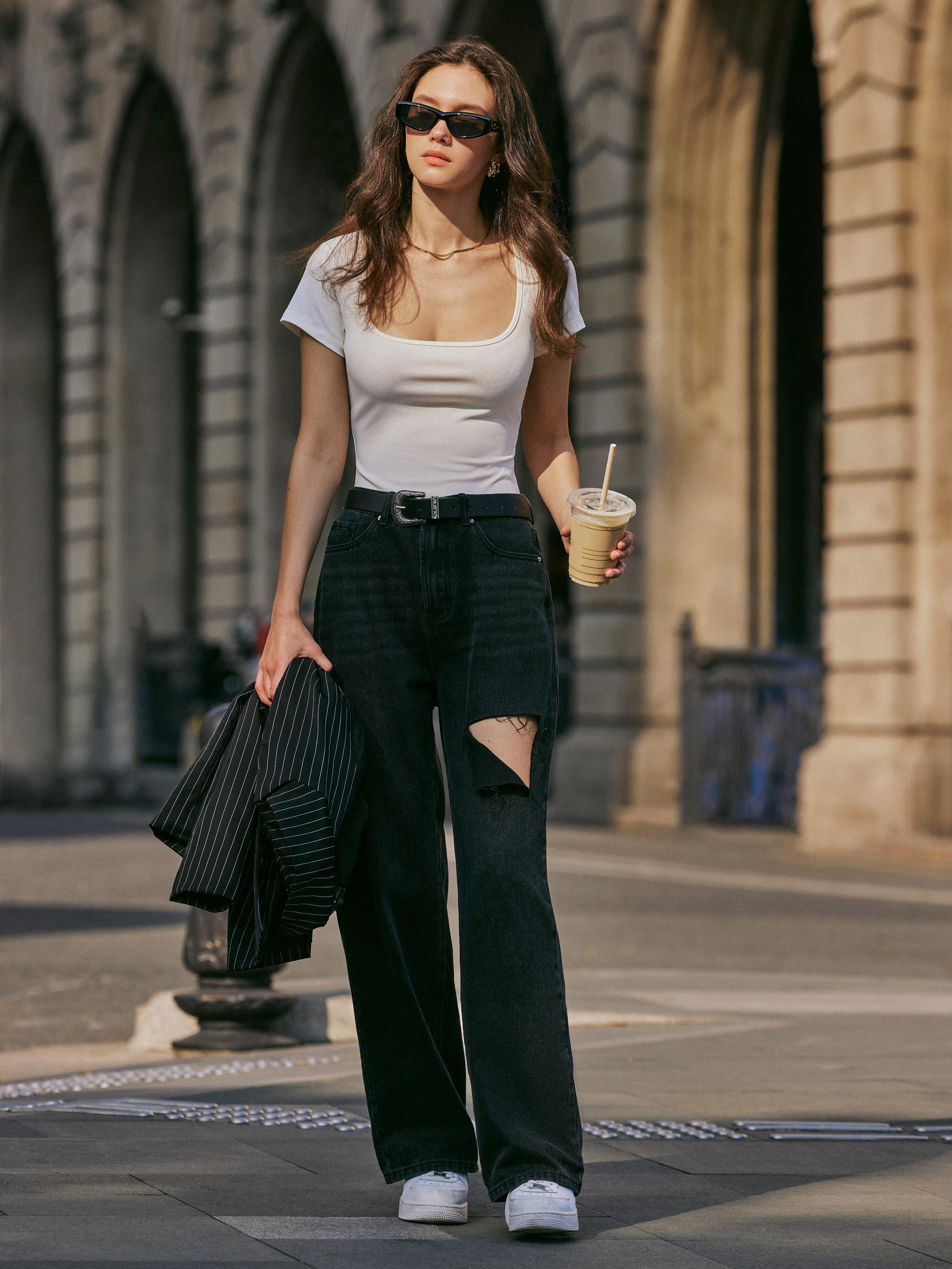 Solid Square Neck Short Sleeve Bodysuit by CIDER