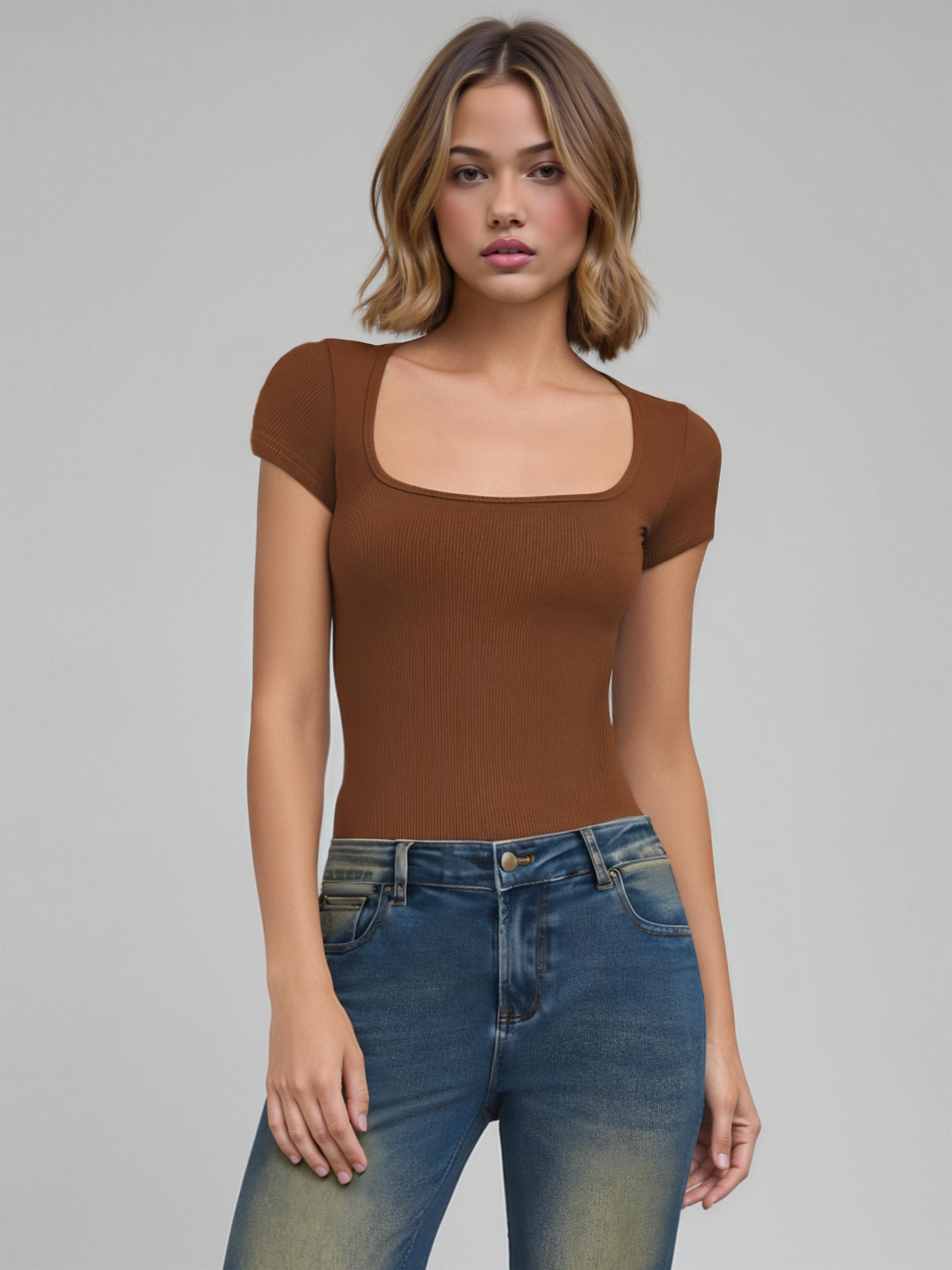 Solid Square Neck Short Sleeve Bodysuit by CIDER