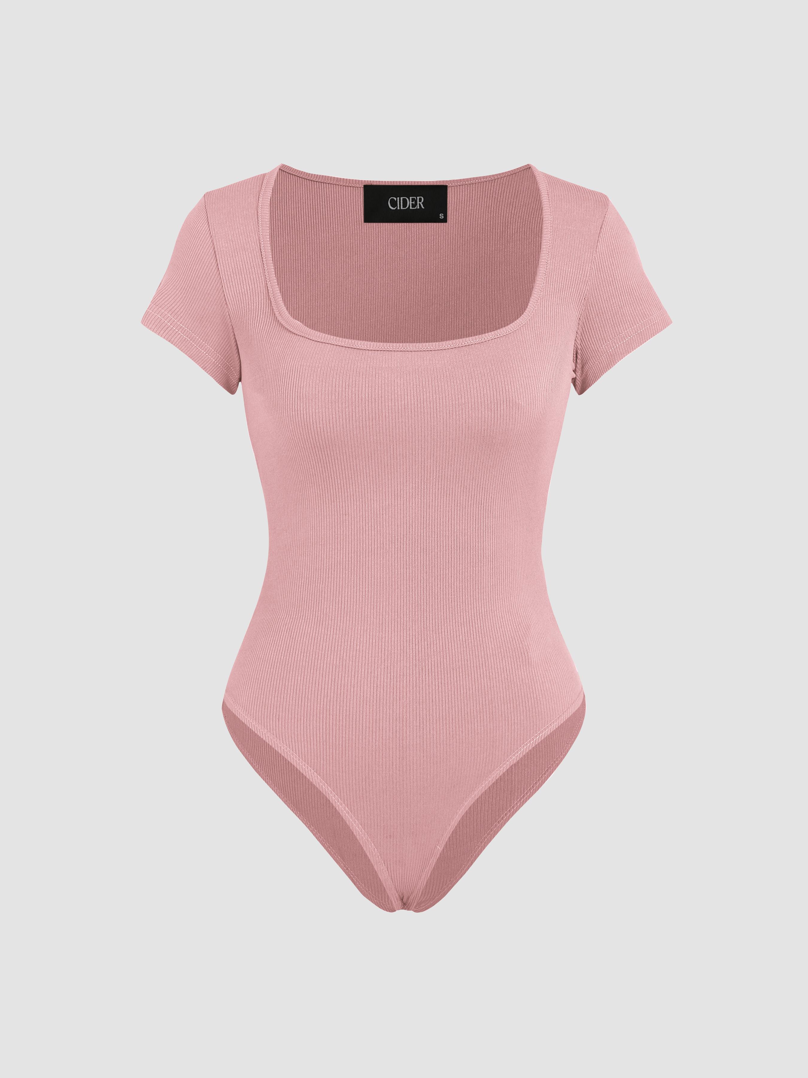 Solid Square Neck Short Sleeve Bodysuit by CIDER