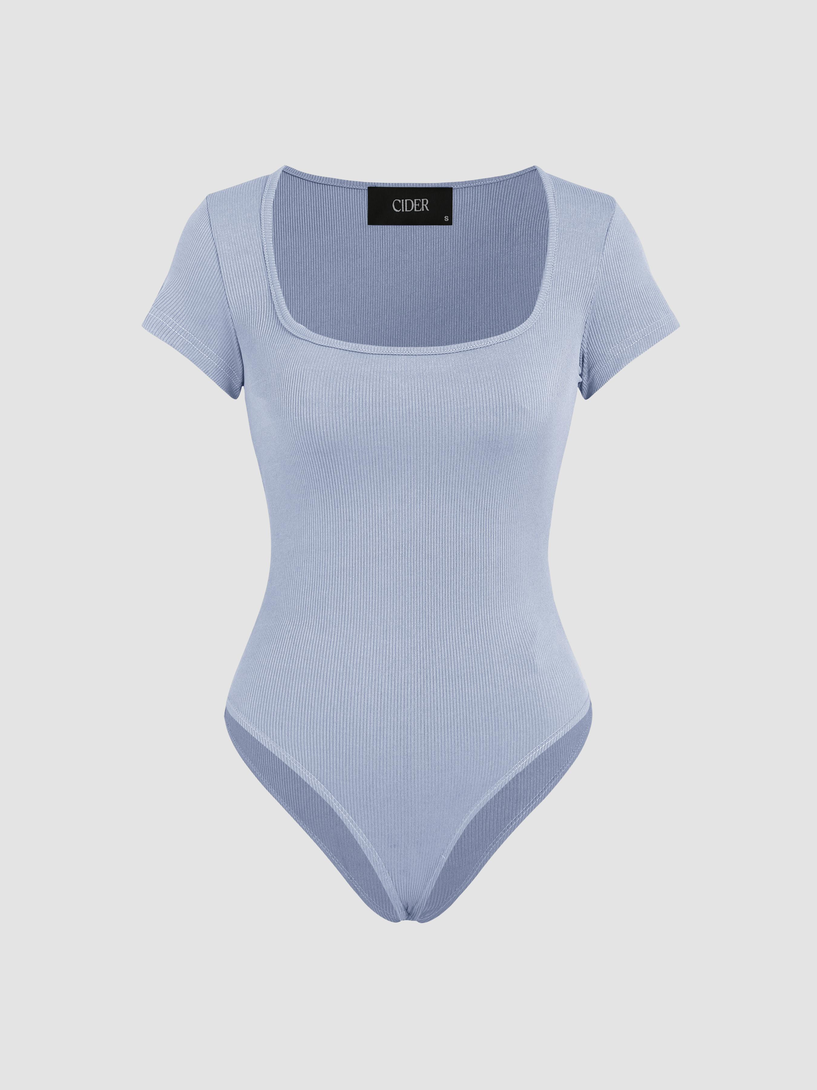 Solid Square Neck Short Sleeve Bodysuit by CIDER