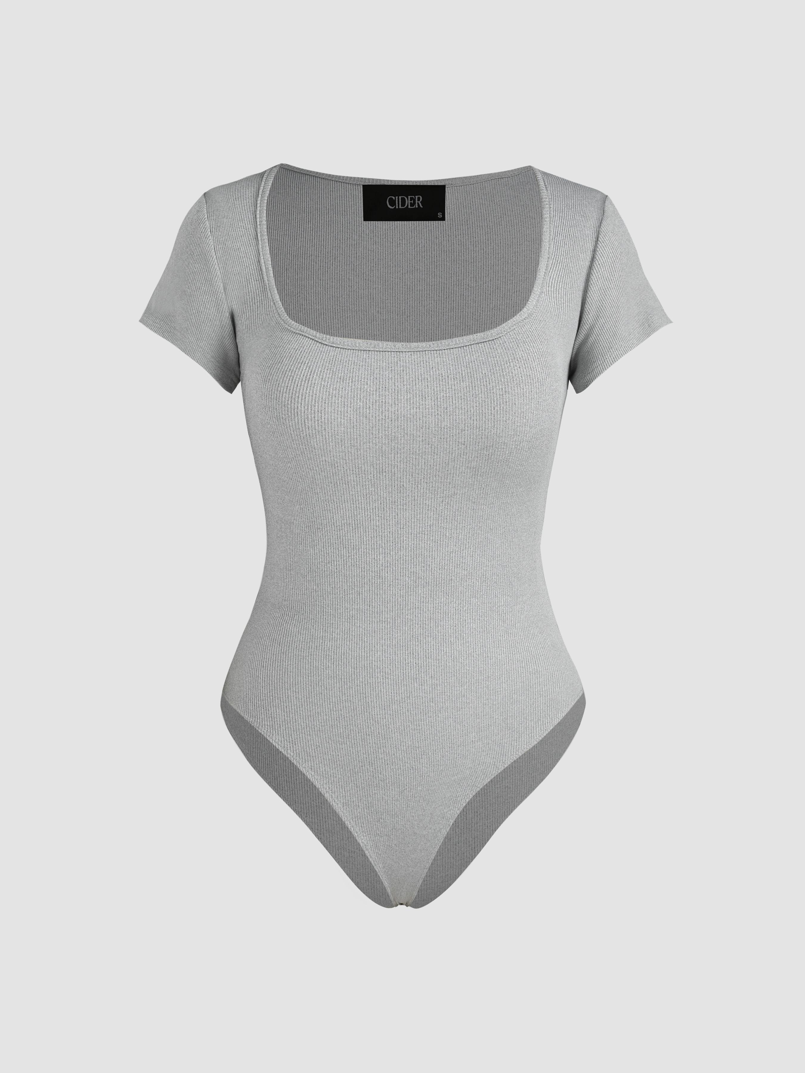 Solid Square Neck Short Sleeve Bodysuit by CIDER