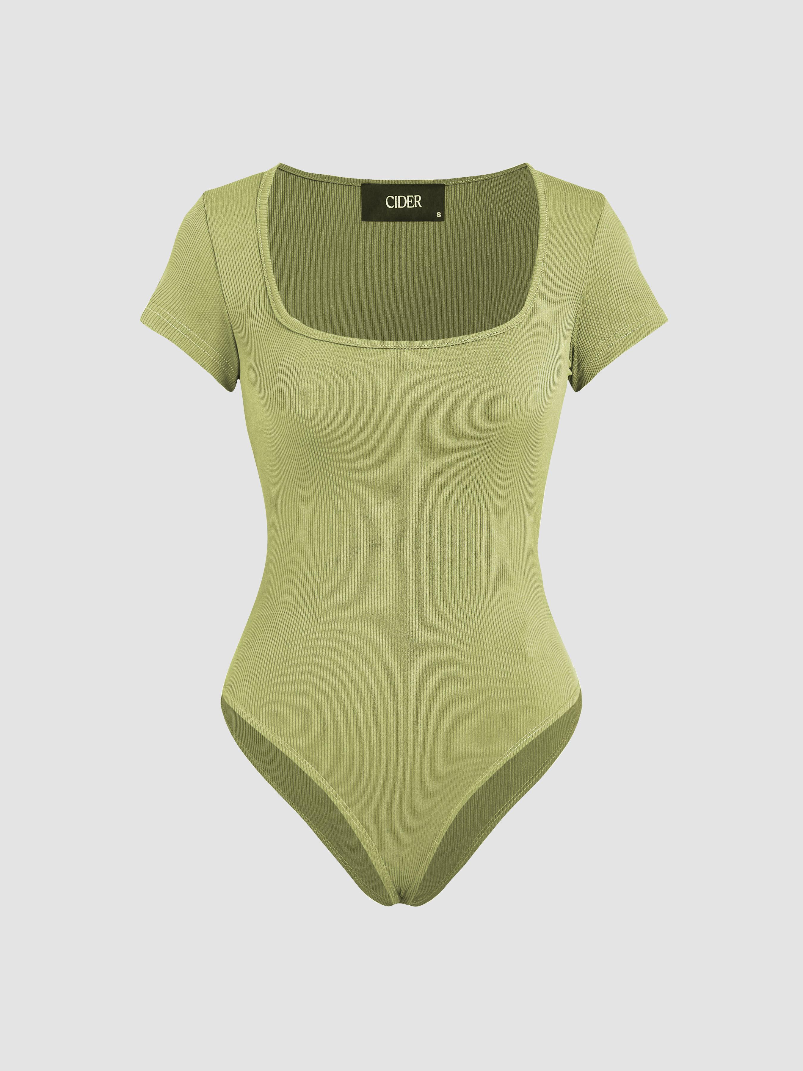 Solid Square Neck Short Sleeve Bodysuit by CIDER