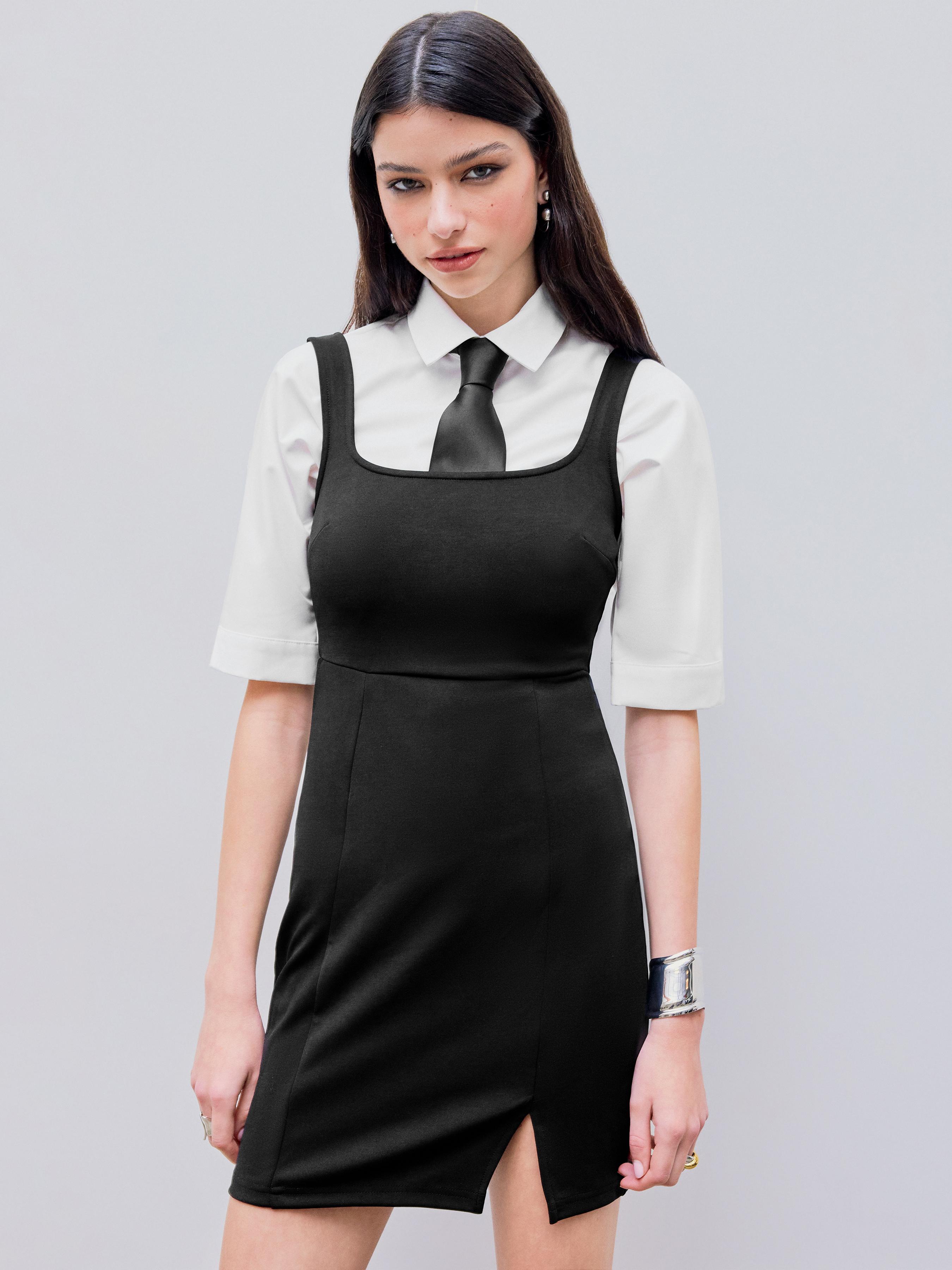 Solid Square Neck Split Mini Dress by CIDER