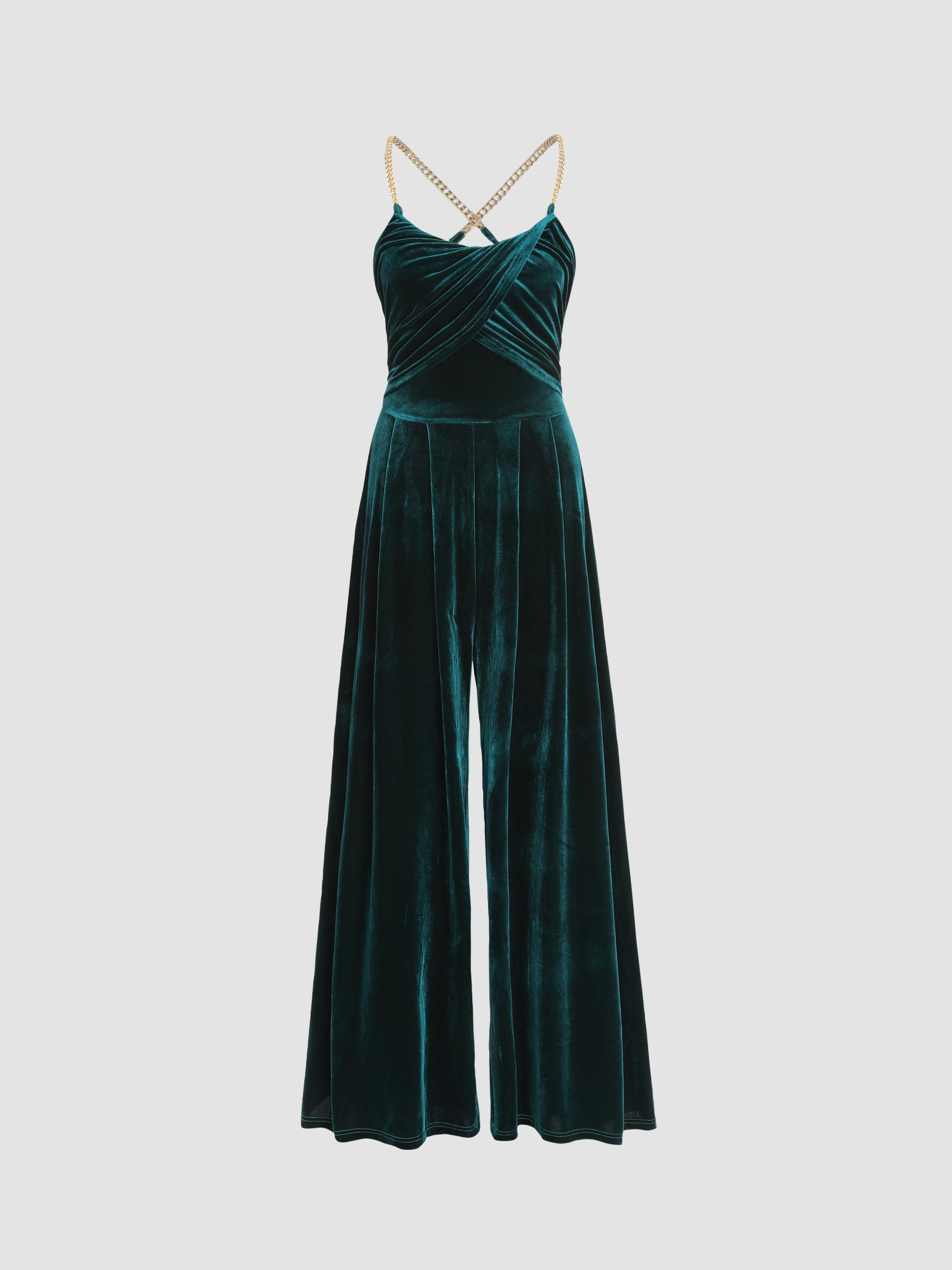 Solid Velvet Scoop Neckline Sleeveless Ruched Jumpsuit by CIDER