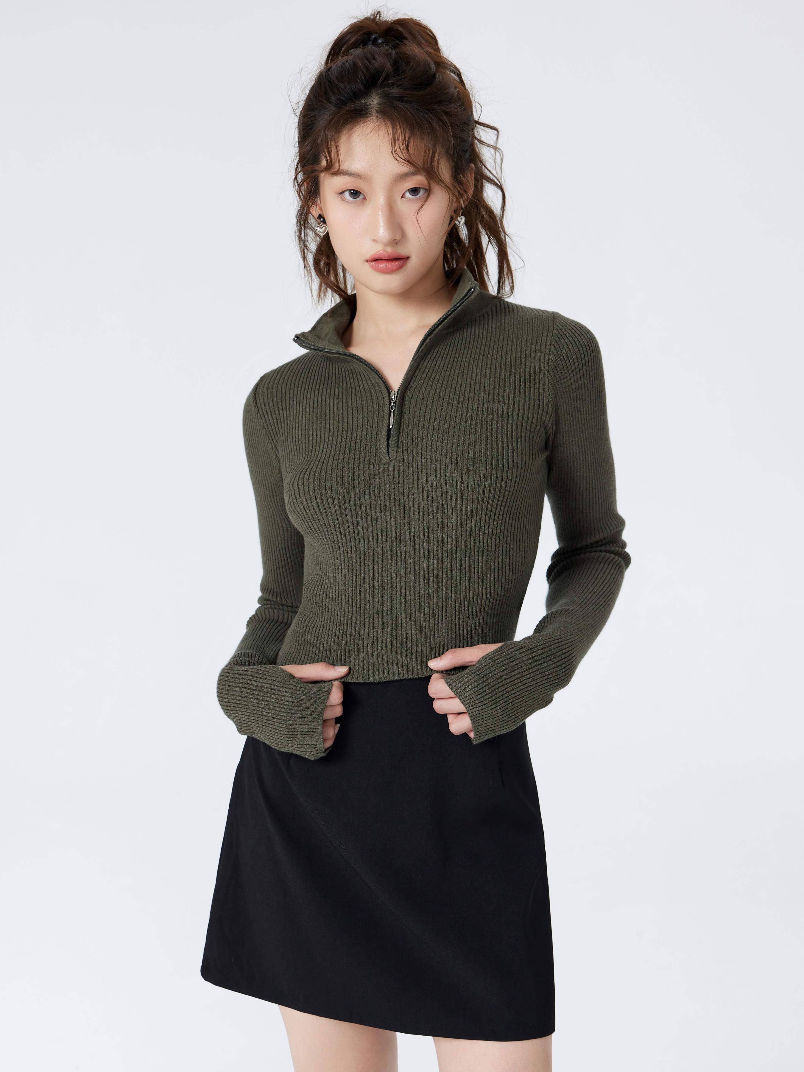 Solid Zipper Up Knitted Crop Top by CIDER