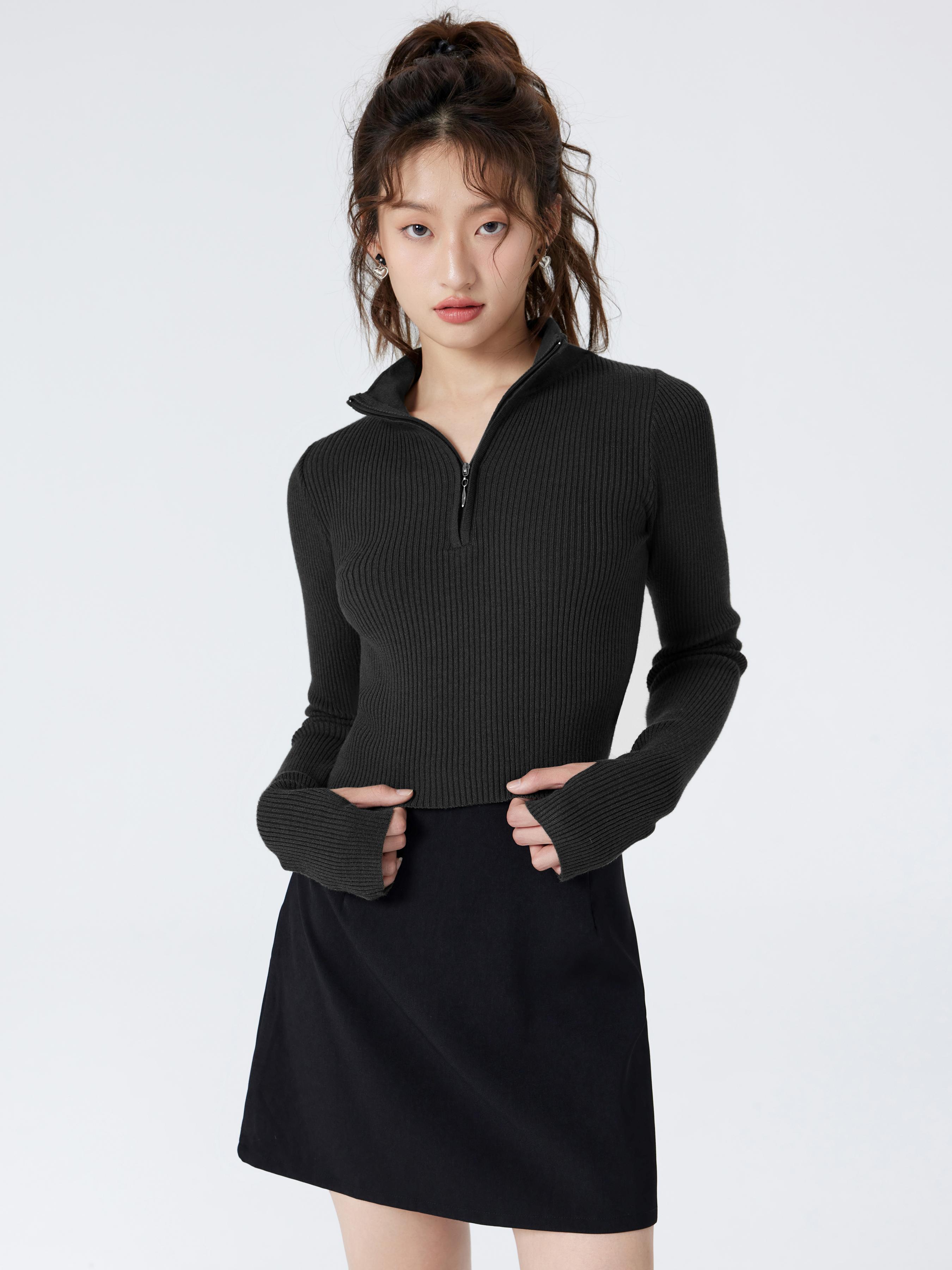 Solid Zipper Up Knitted Crop Top by CIDER