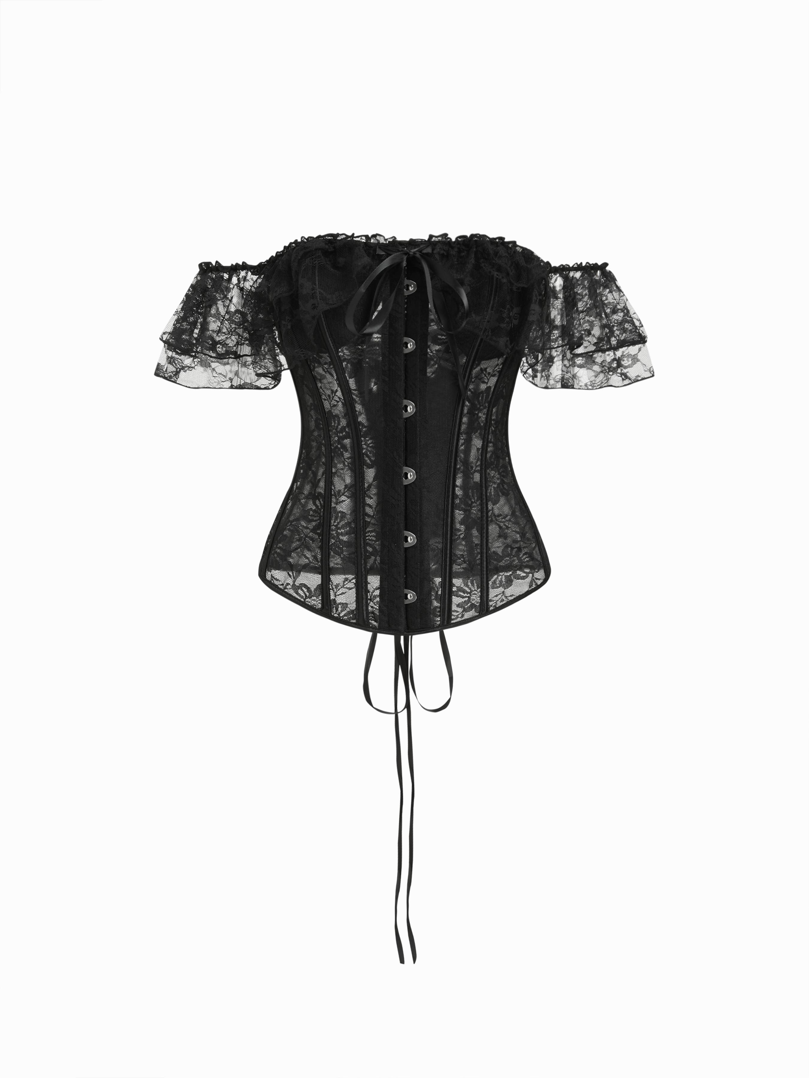 Spitzen-Off-shoulder-durchsichtiges Schnürcorset-Bluse by CIDER Spitzen-Off-shoulder-durchsichtiges Schnürcorset-Bluse by CIDER