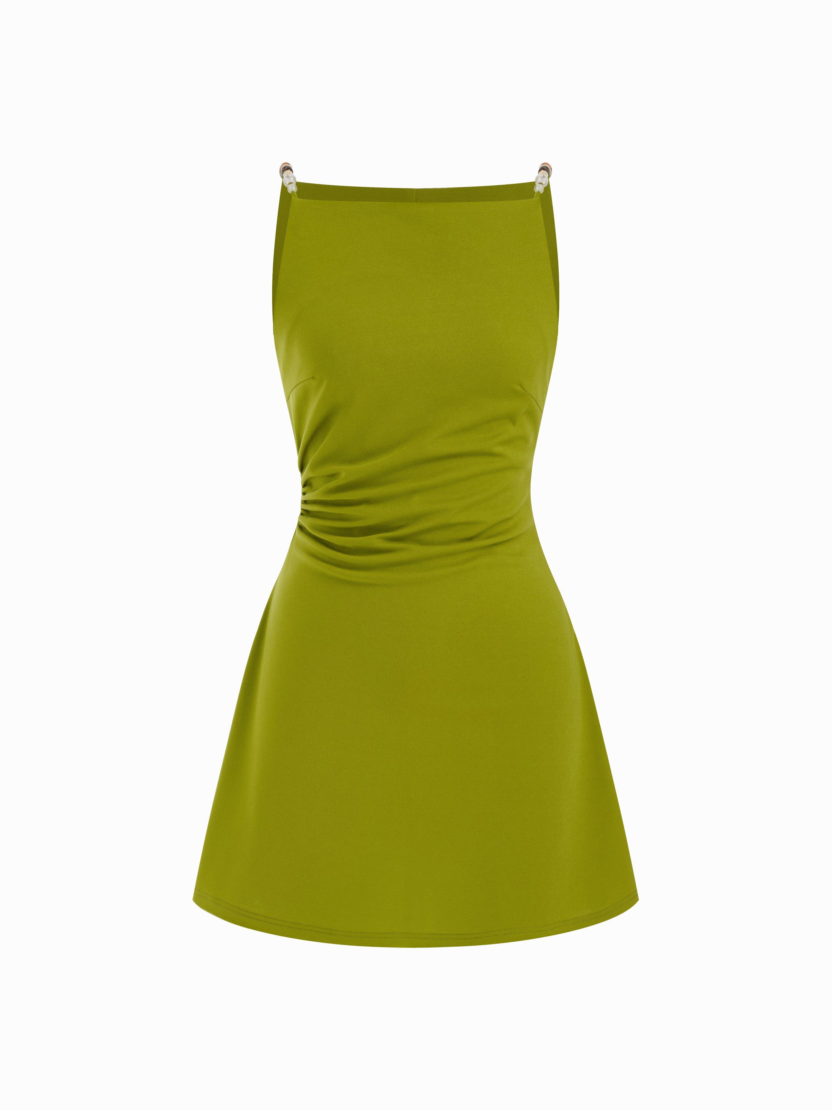 Square Neck Beaded Ruched A-line Cami Mini Dress by CIDER