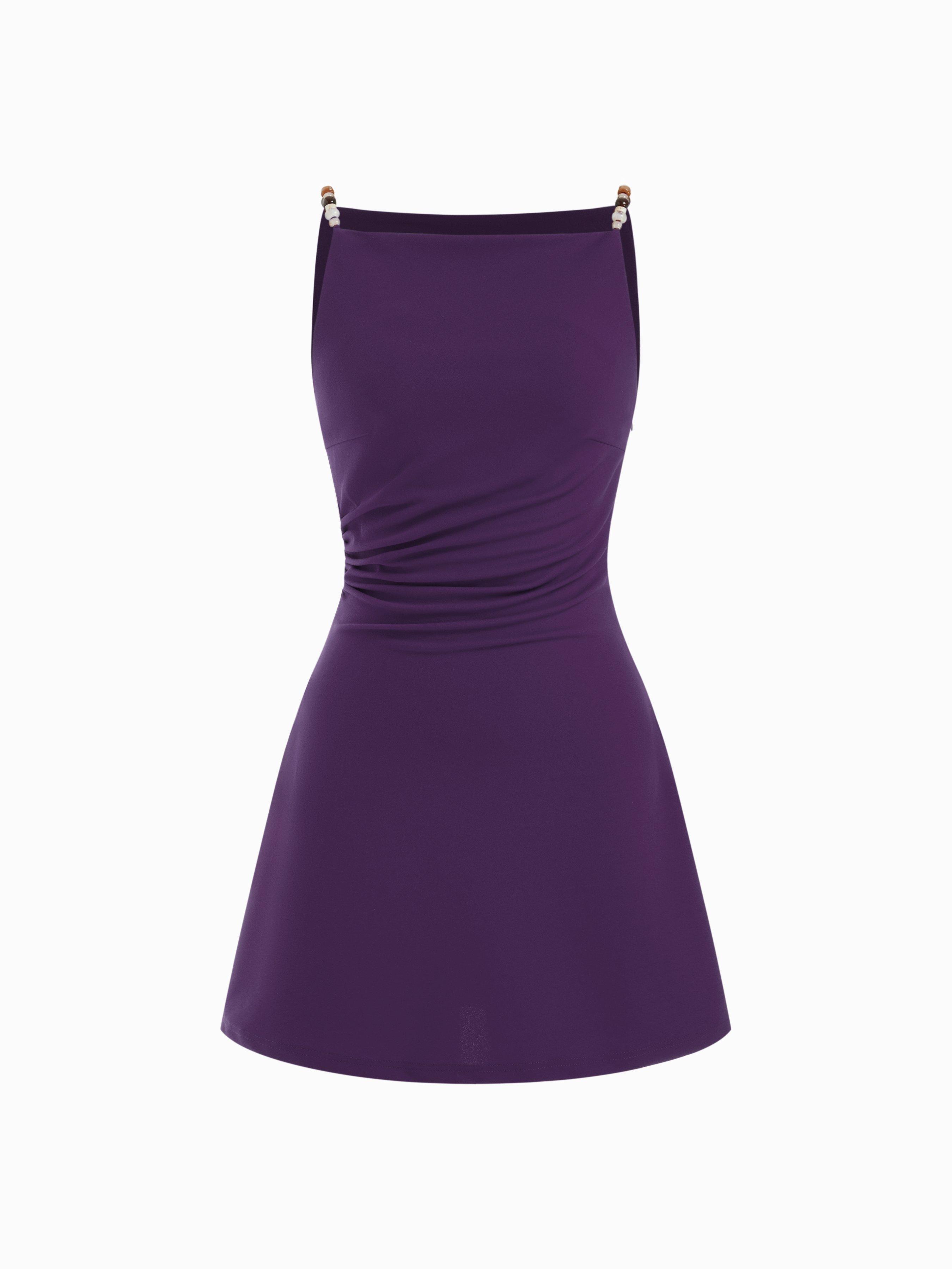 Square Neck Beaded Ruched A-line Cami Mini Dress by CIDER