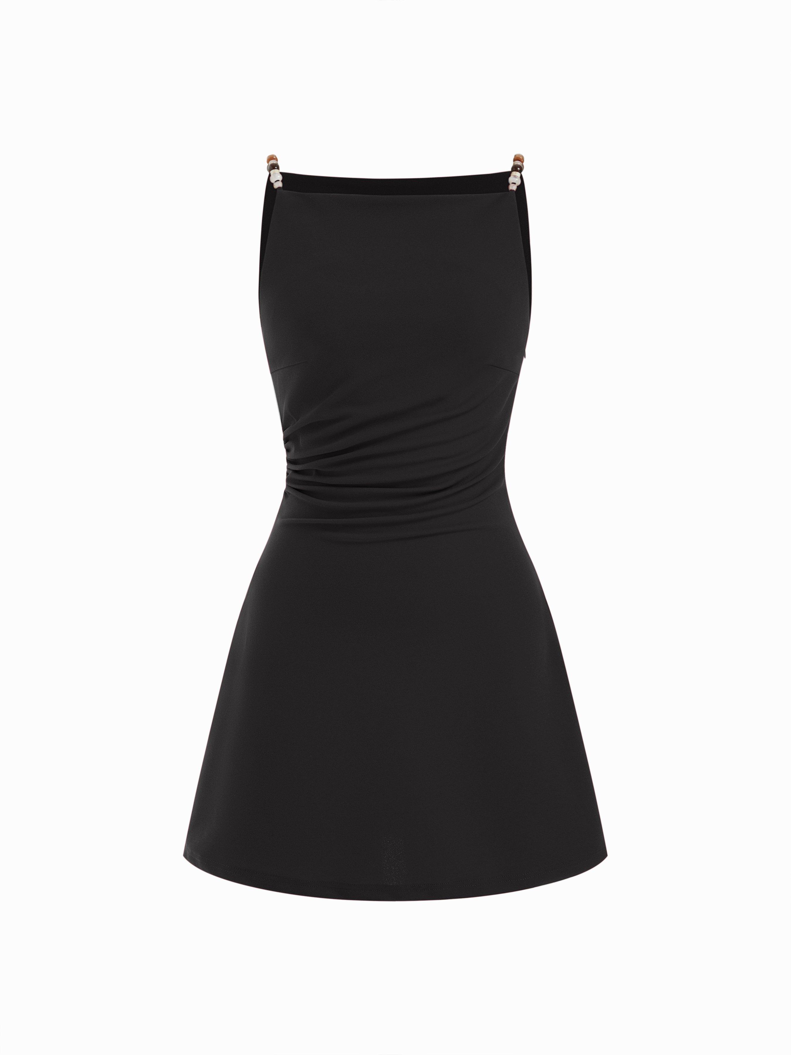 Square Neck Beaded Ruched A-line Cami Mini Dress by CIDER