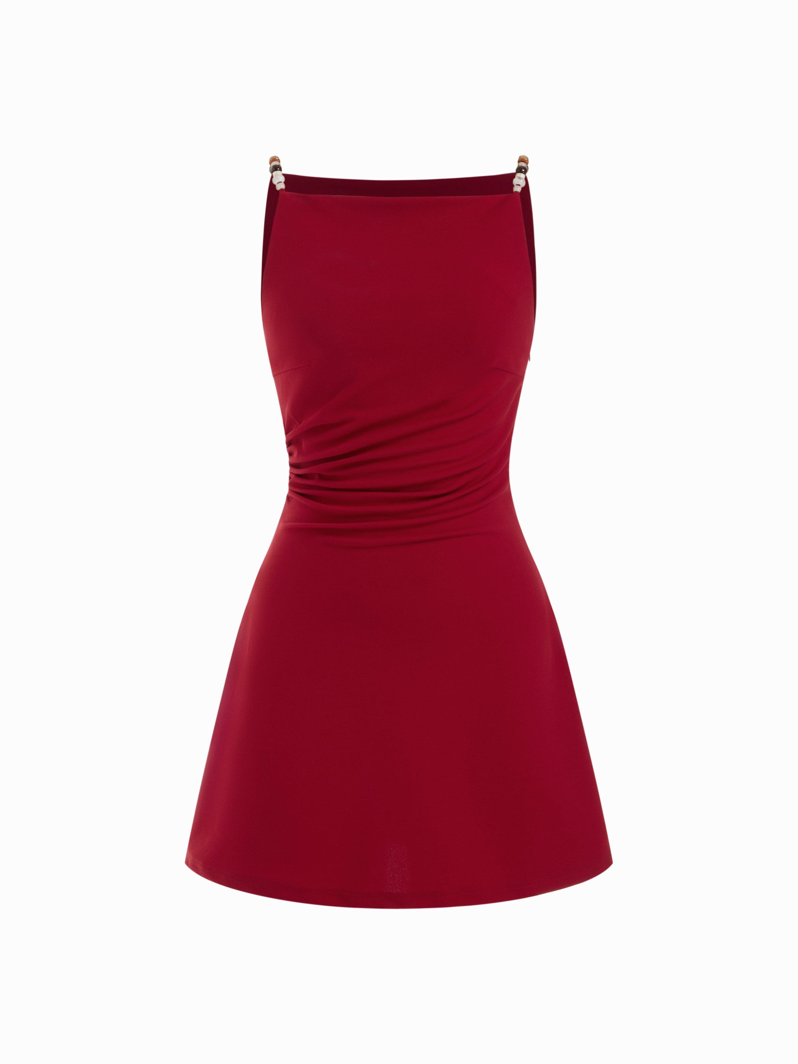 Square Neck Beaded Ruched A-line Cami Mini Dress by CIDER