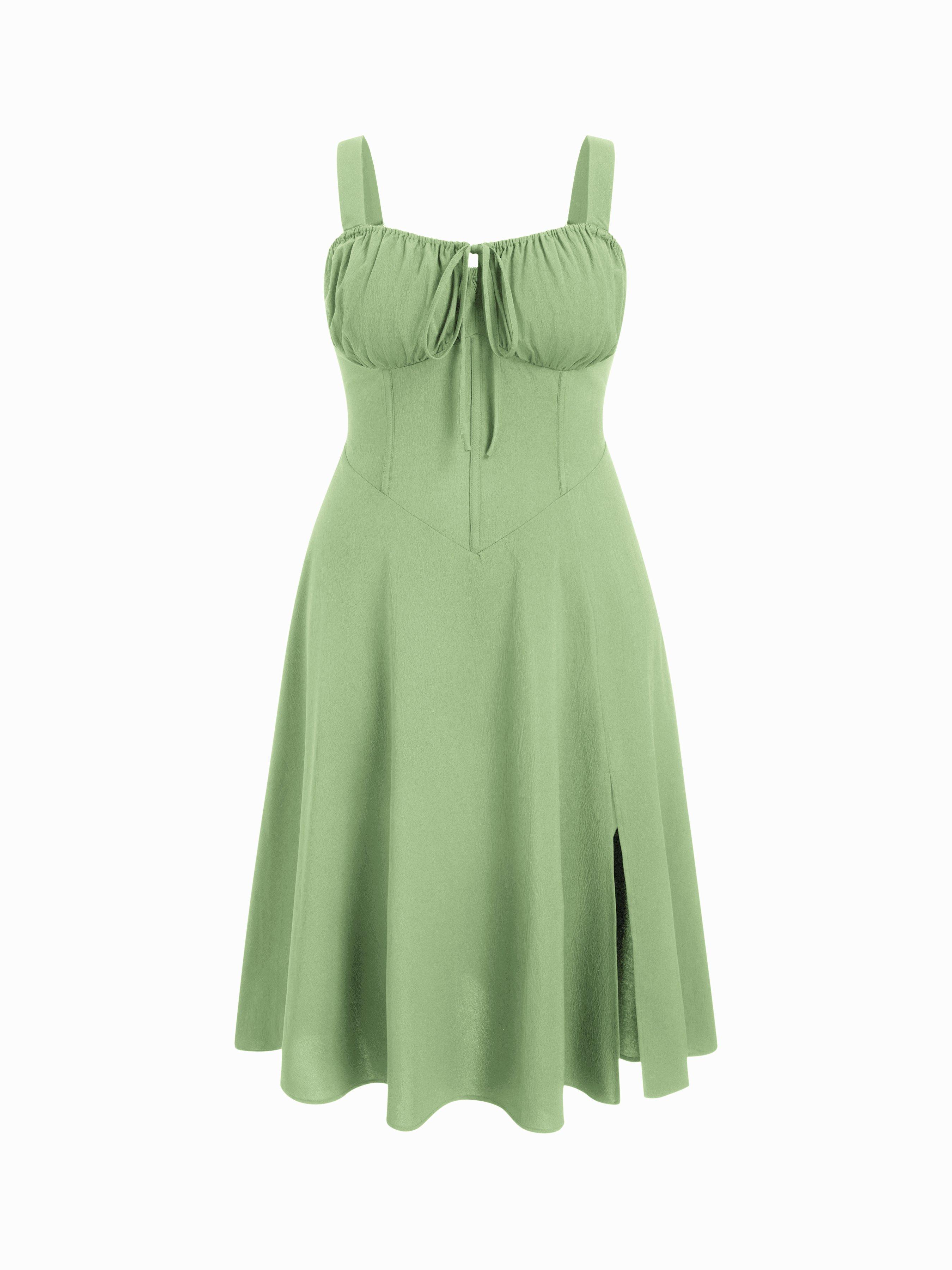 Square Neck Bowknot Corset Ruffle Split Cami Maxi Dress Curve & Plus by CIDER