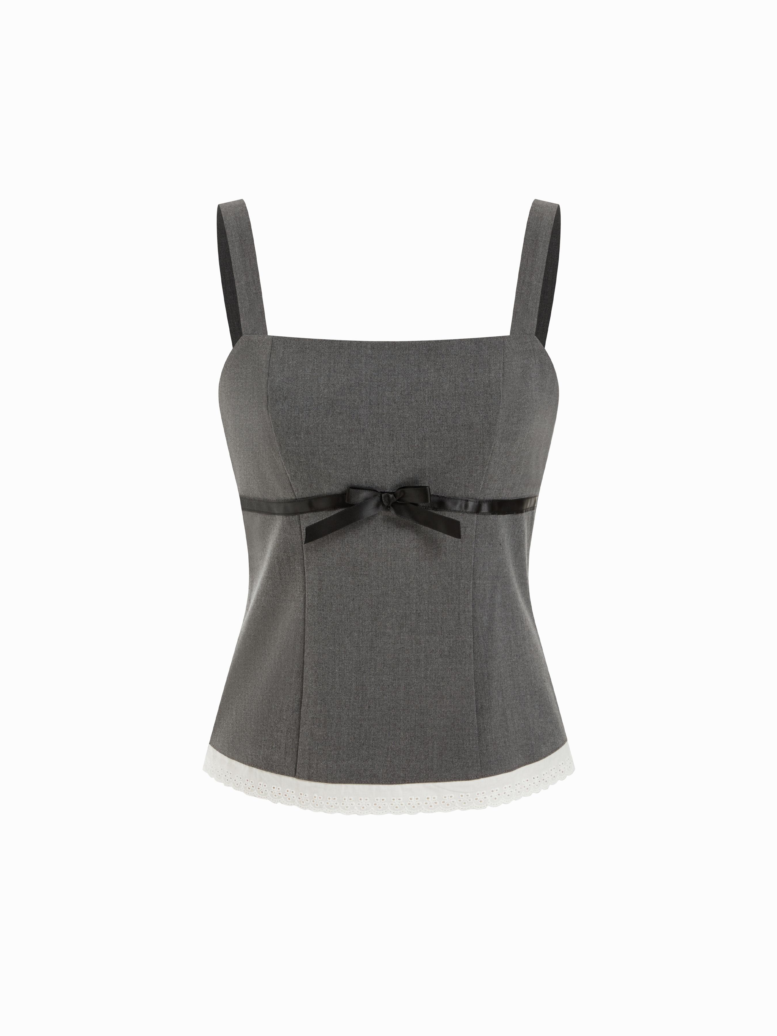 Square Neck Bowknot Lace Trim Crop Top by CIDER