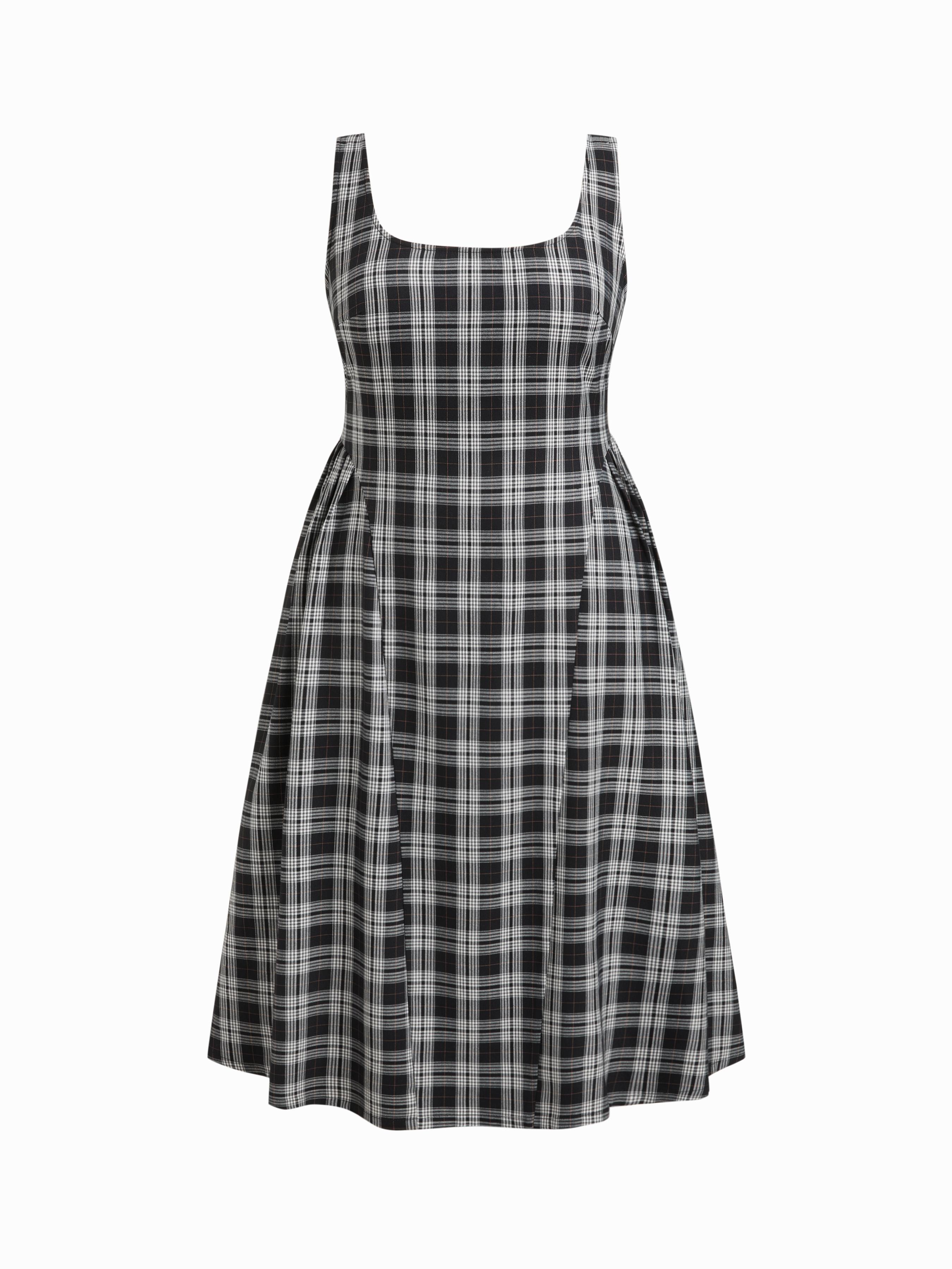 Square Neck Check Pleated Zipper Maxi Dress Curve & Plus by CIDER