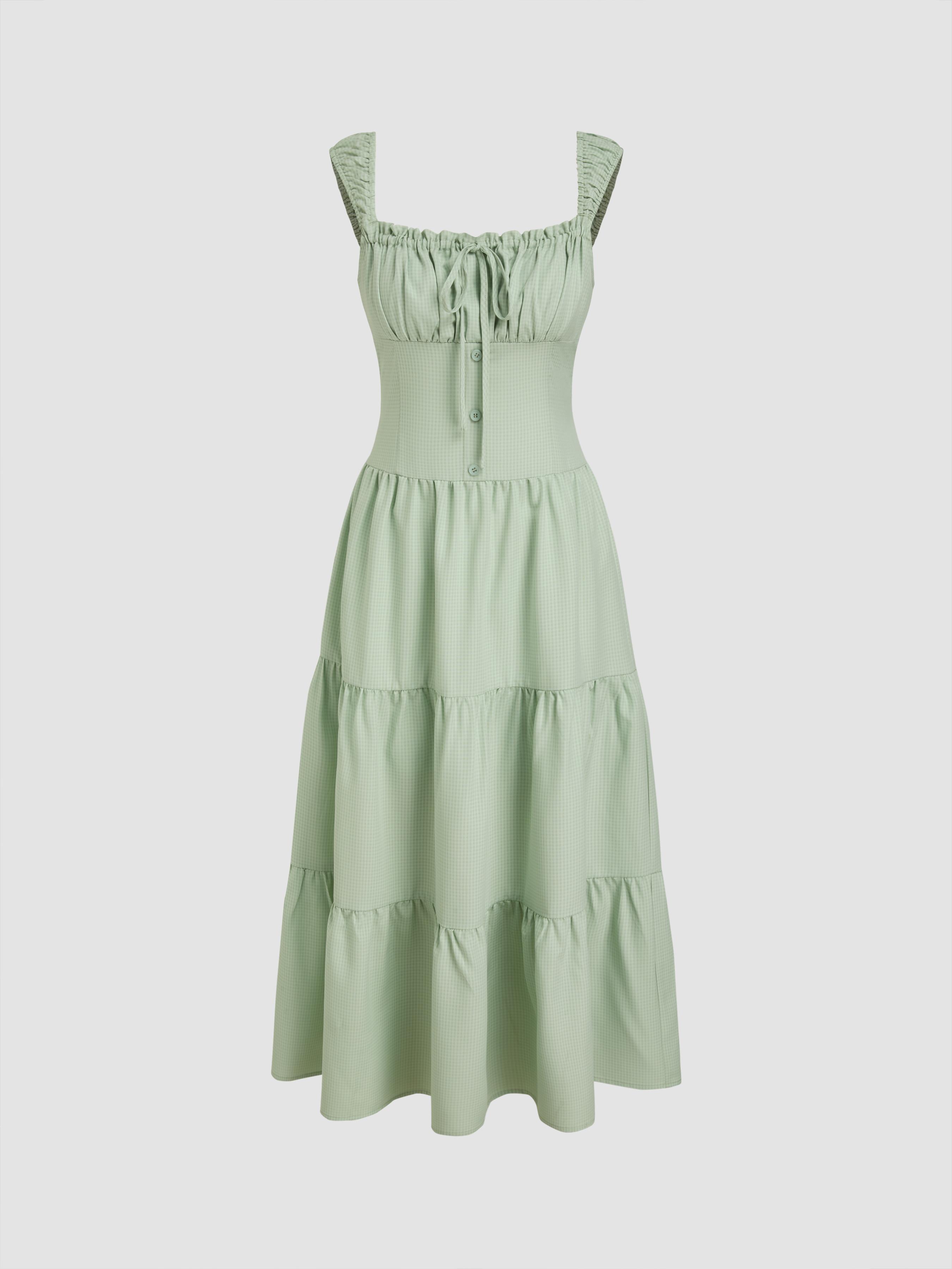 Square Neck Check Tiered Ruffle Maxi Dress by CIDER
