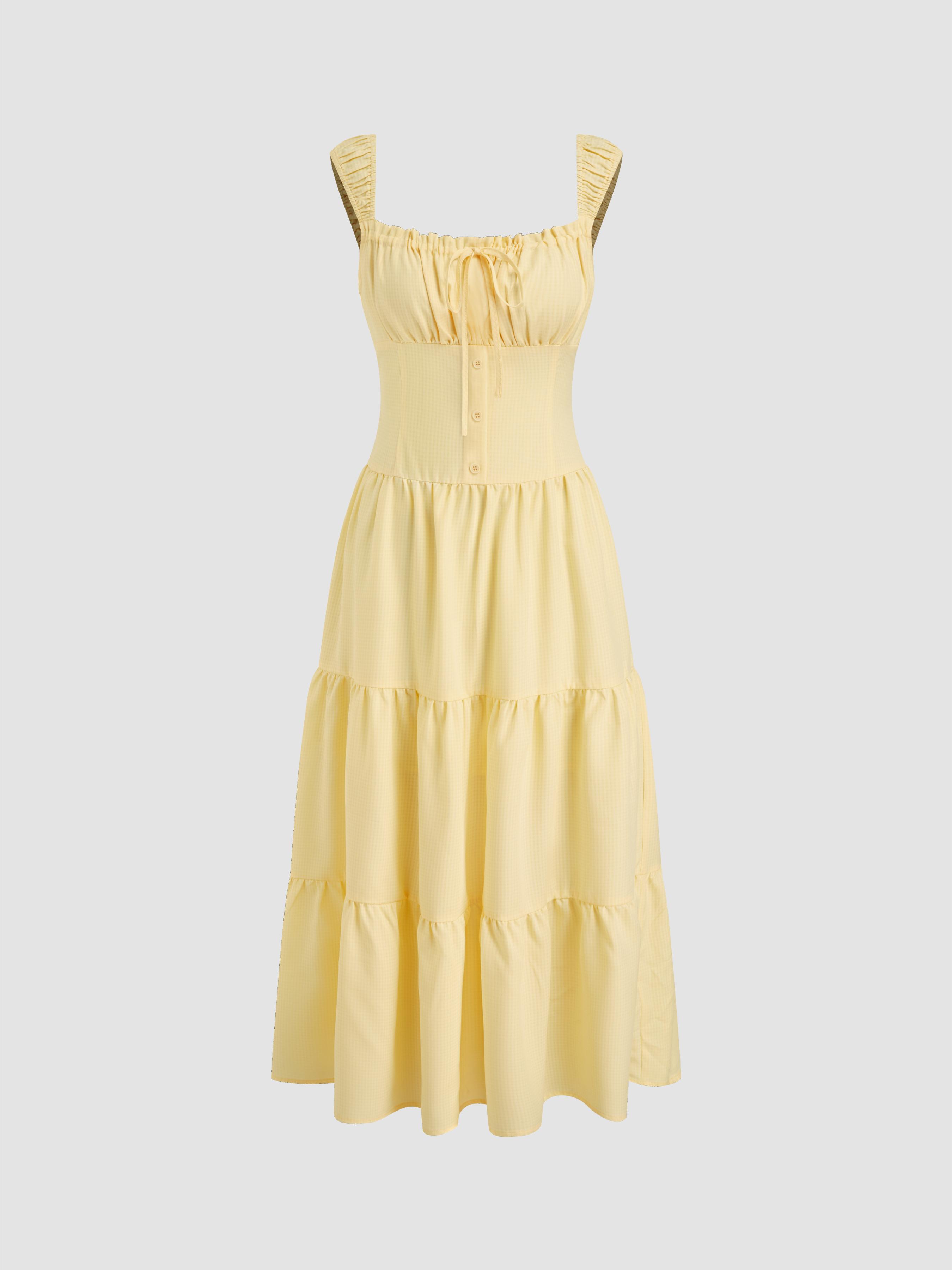 Square Neck Check Tiered Ruffle Maxi Dress by CIDER