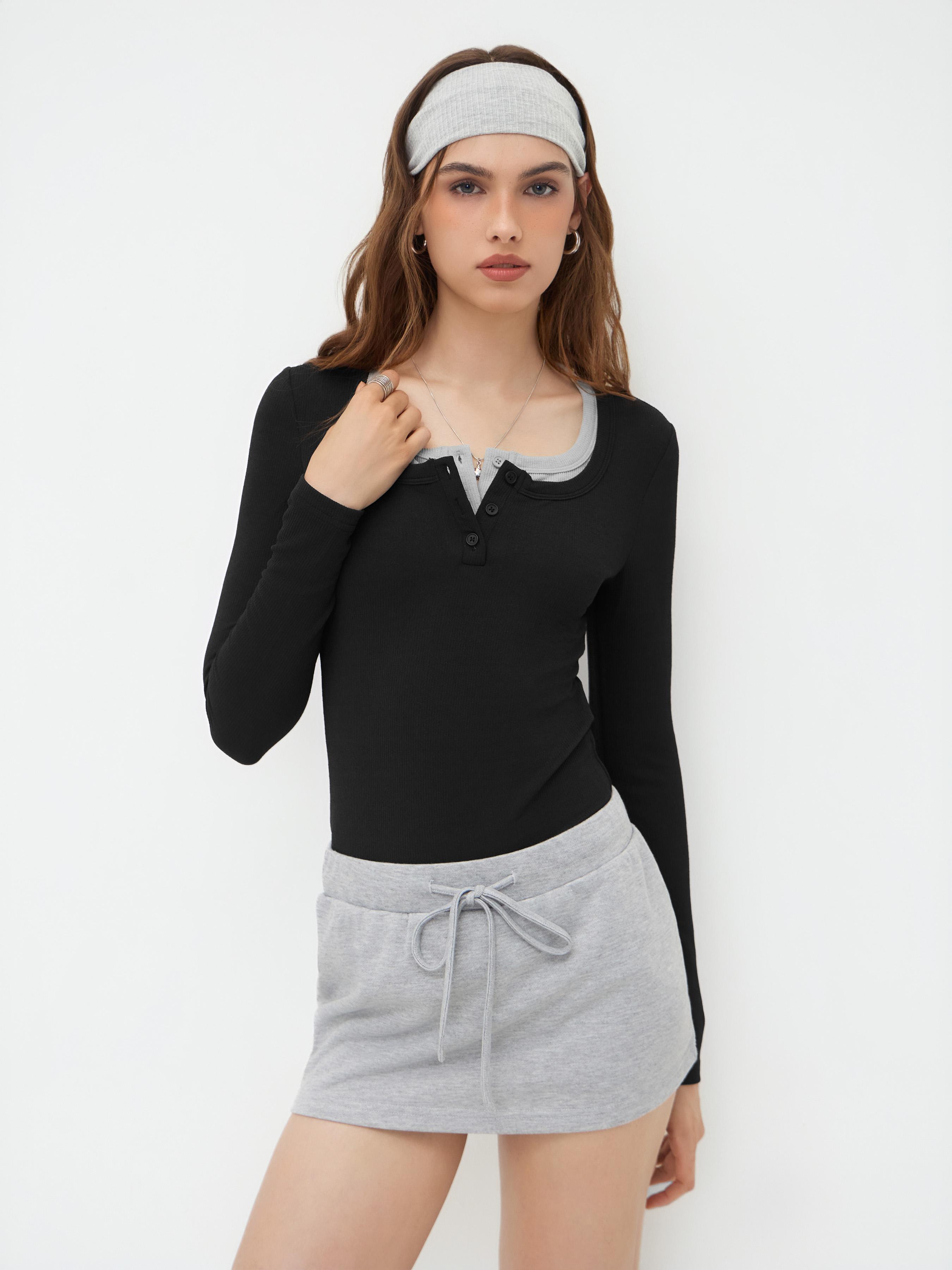 Square Neck Contrasting Binding Knitted Bodysuit by CIDER