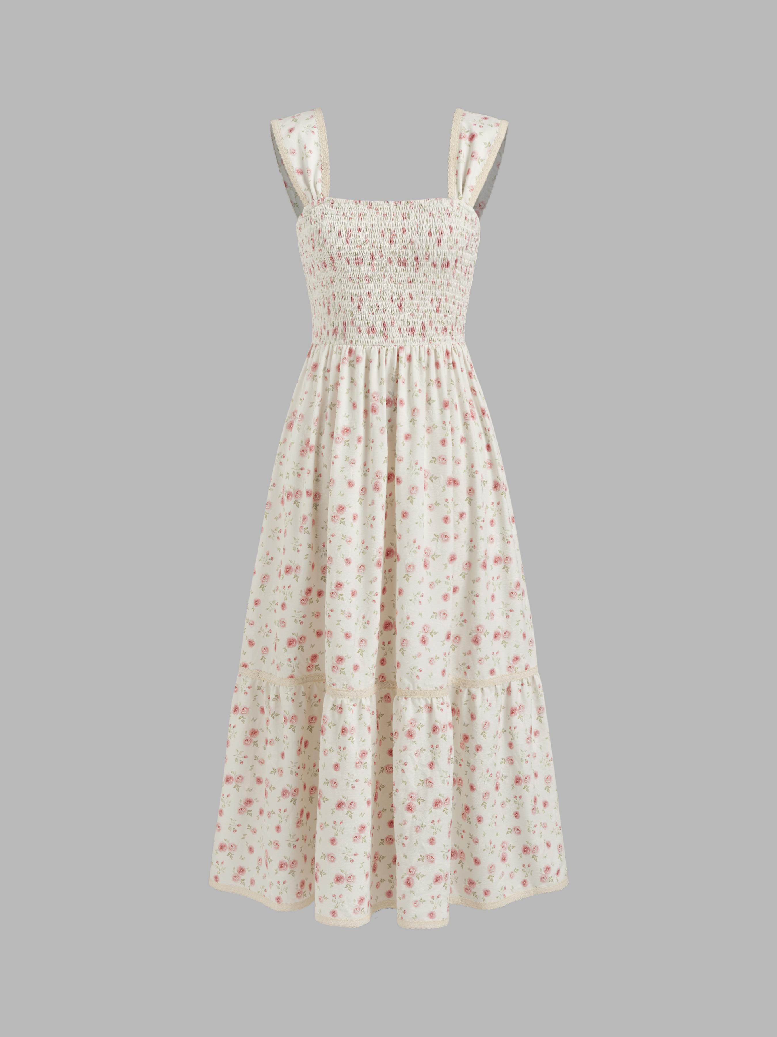 Square Neck Ditsy Floral Shirred Midi Dress by CIDER