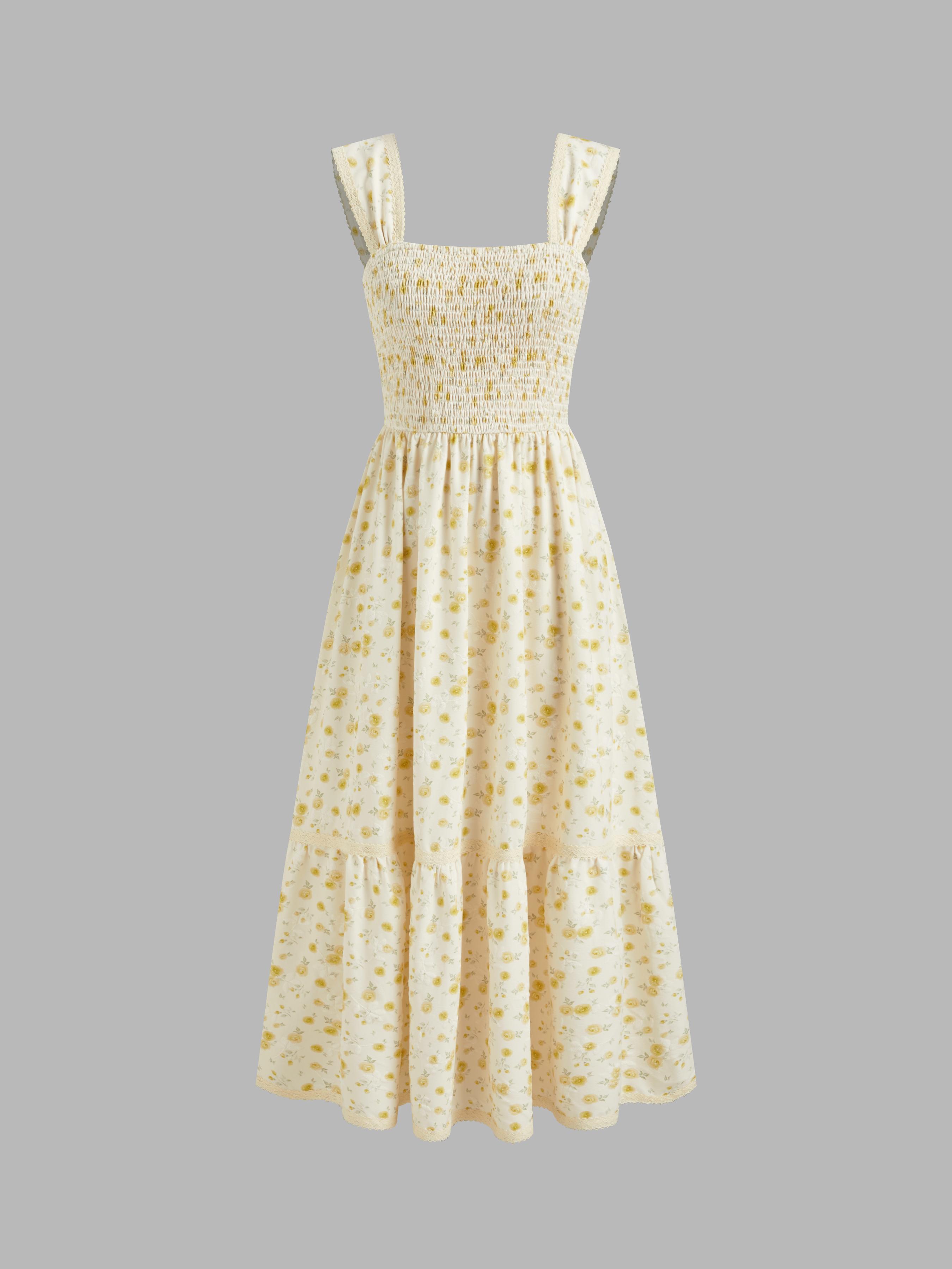 Square Neck Ditsy Floral Shirred Midi Dress by CIDER