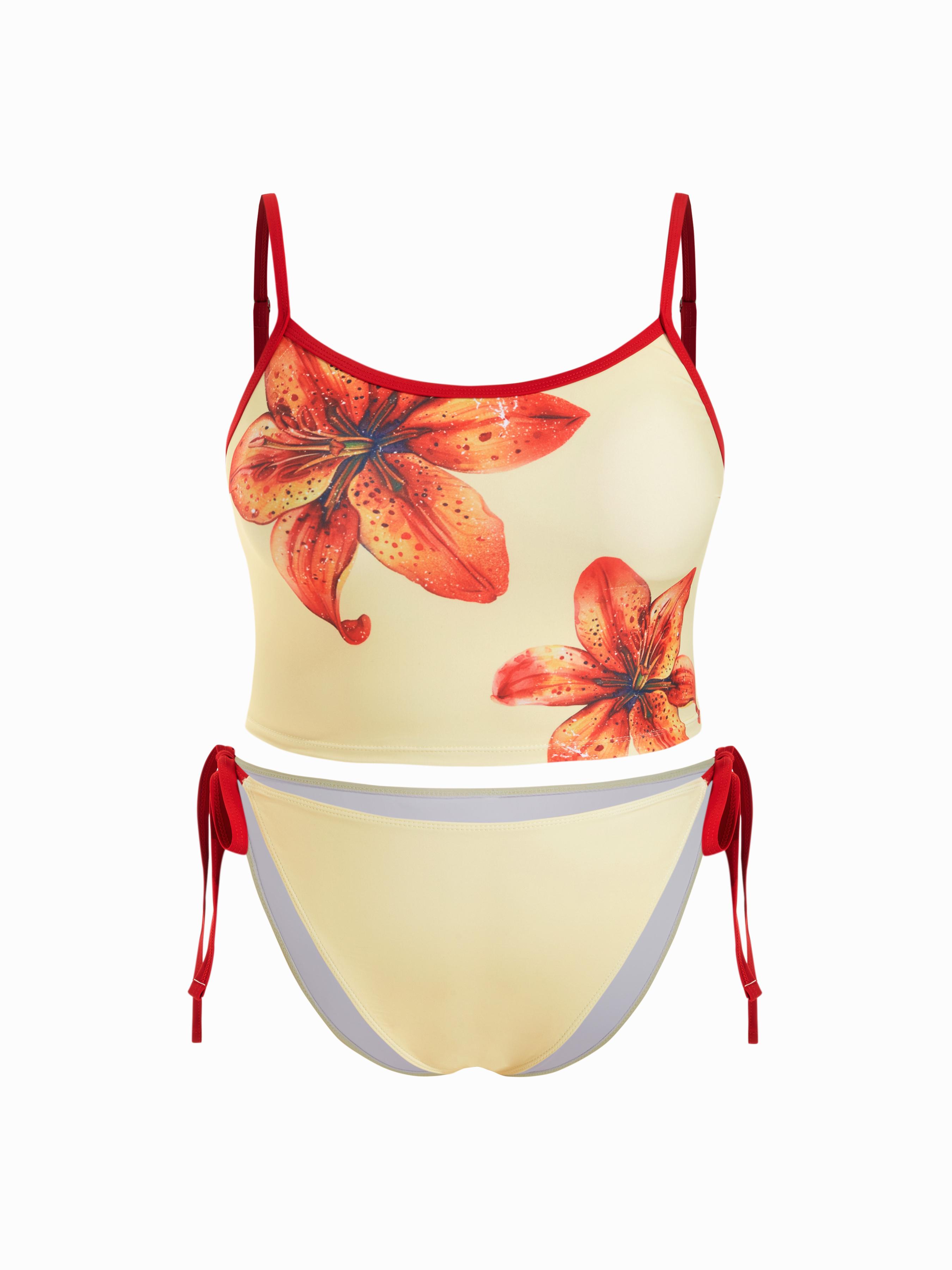 Square Neck Floral Contrasting Binding Tankini Tie Side Bikini Set Curve & Plus by CIDER