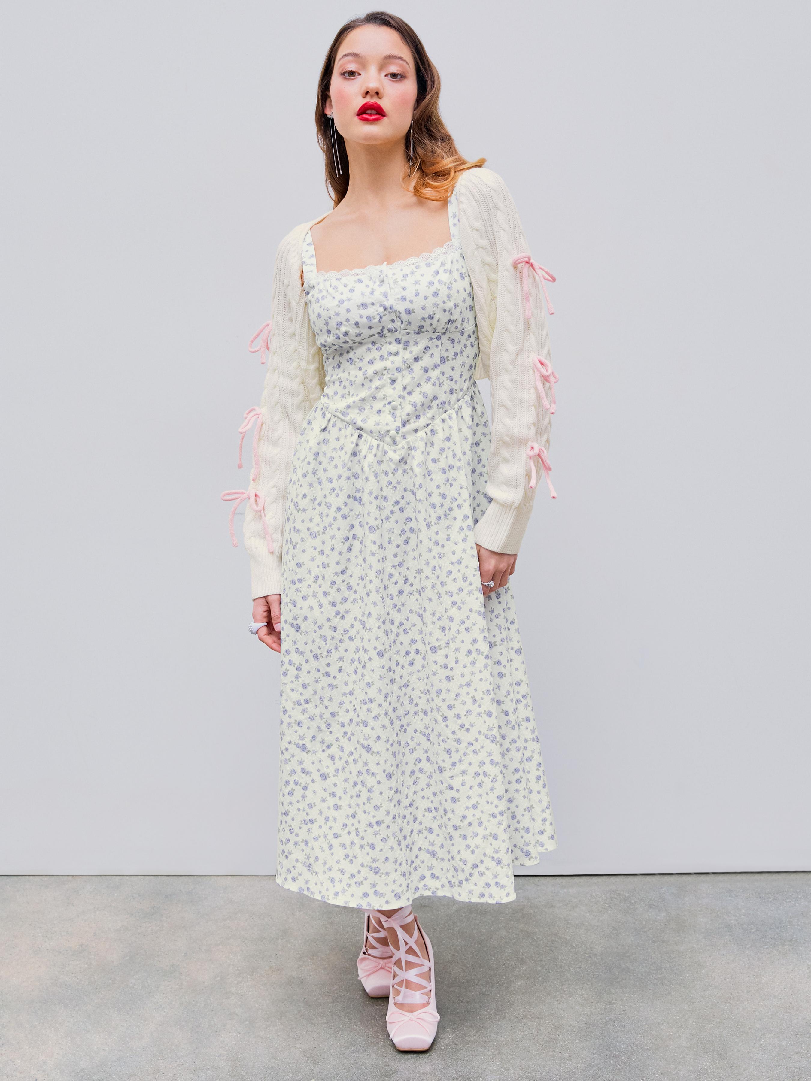 Square Neck Floral Corset Lace Up Midi Dress by CIDER