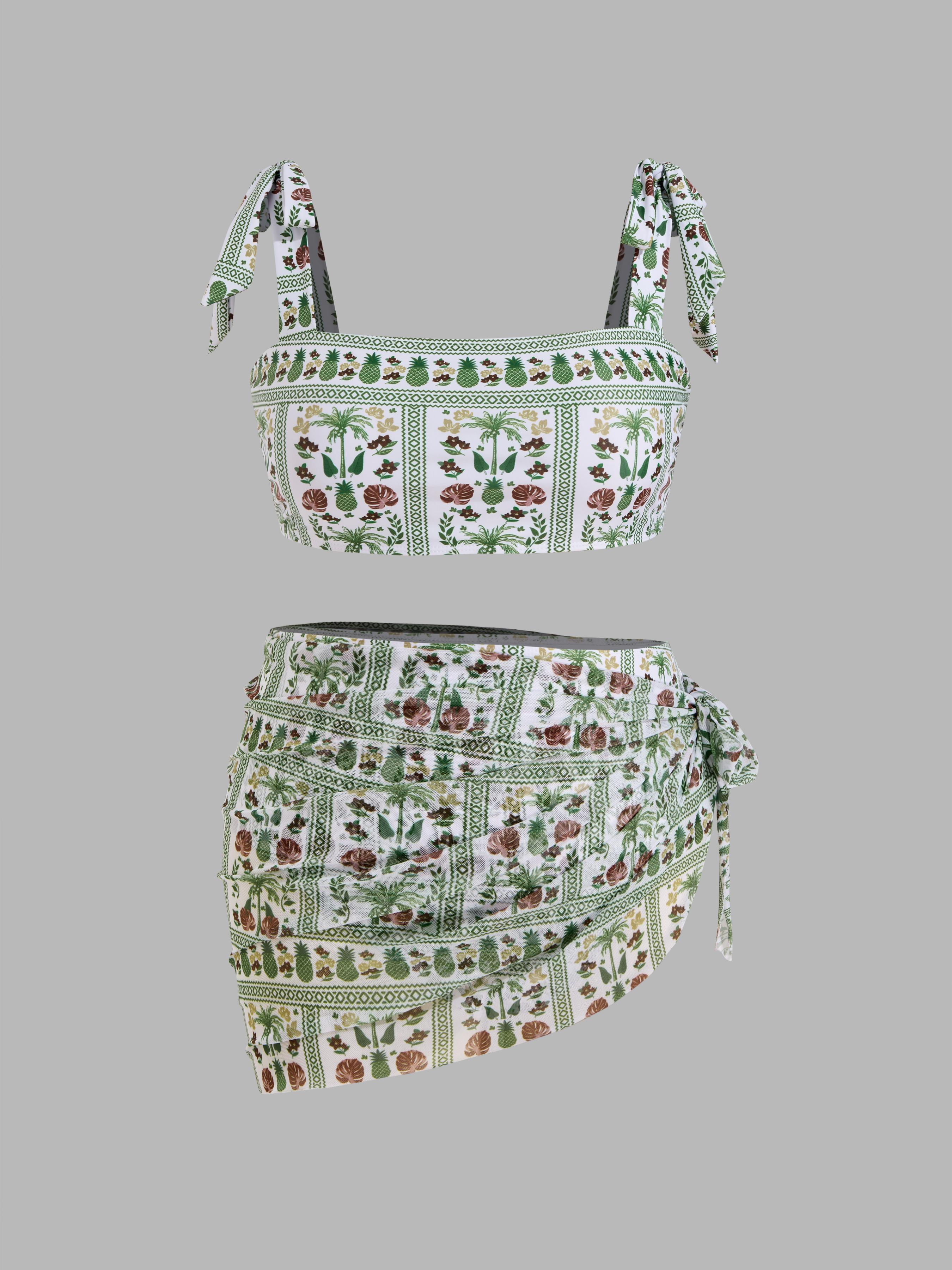 Square Neck Floral Knotted Bracelet Full Coverage Bikini Swimsuit With Sarong Curve & Plus by CIDER