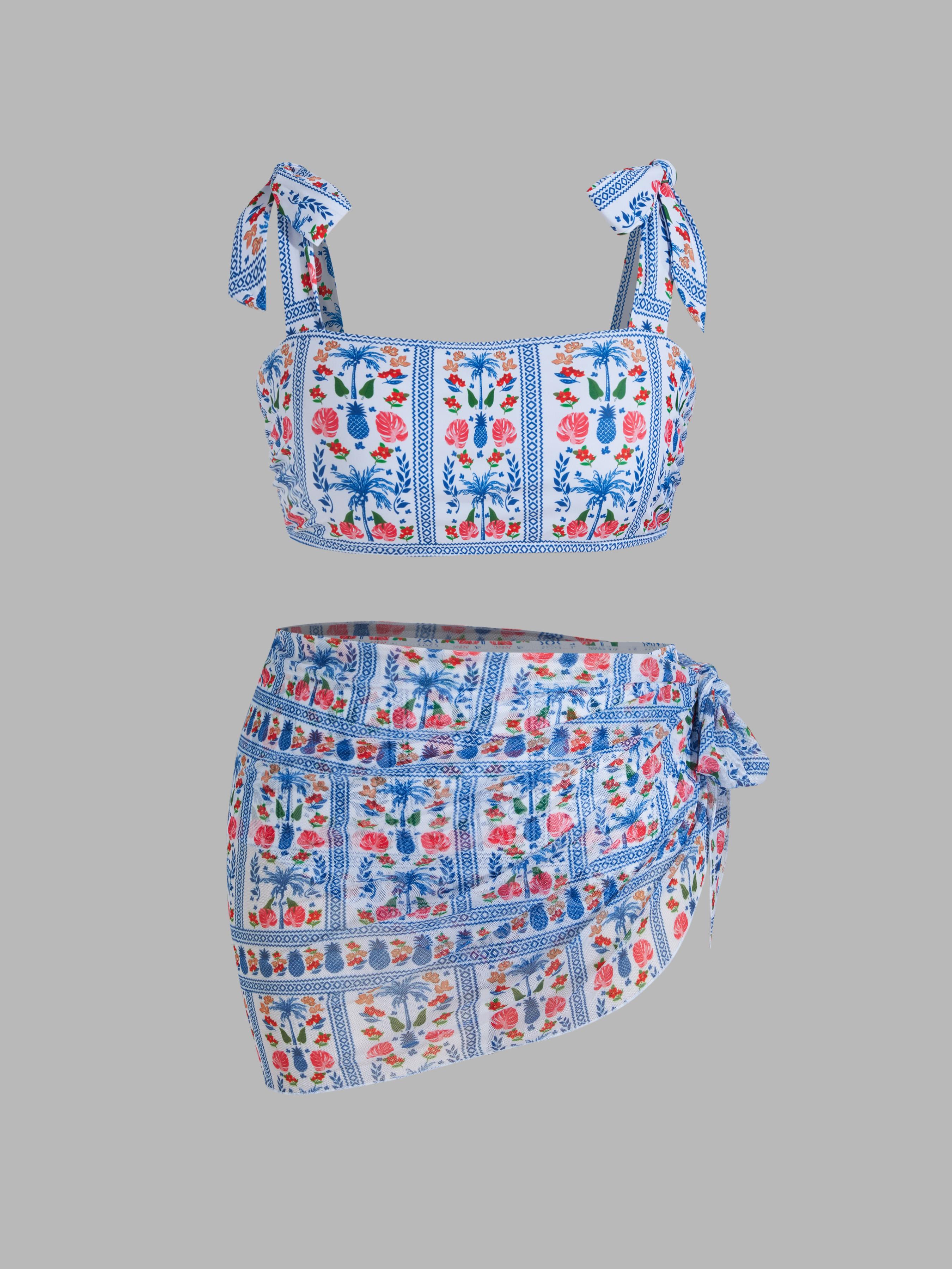 Square Neck Floral Knotted Bracelet Full Coverage Bikini Swimsuit With Sarong Curve & Plus by CIDER