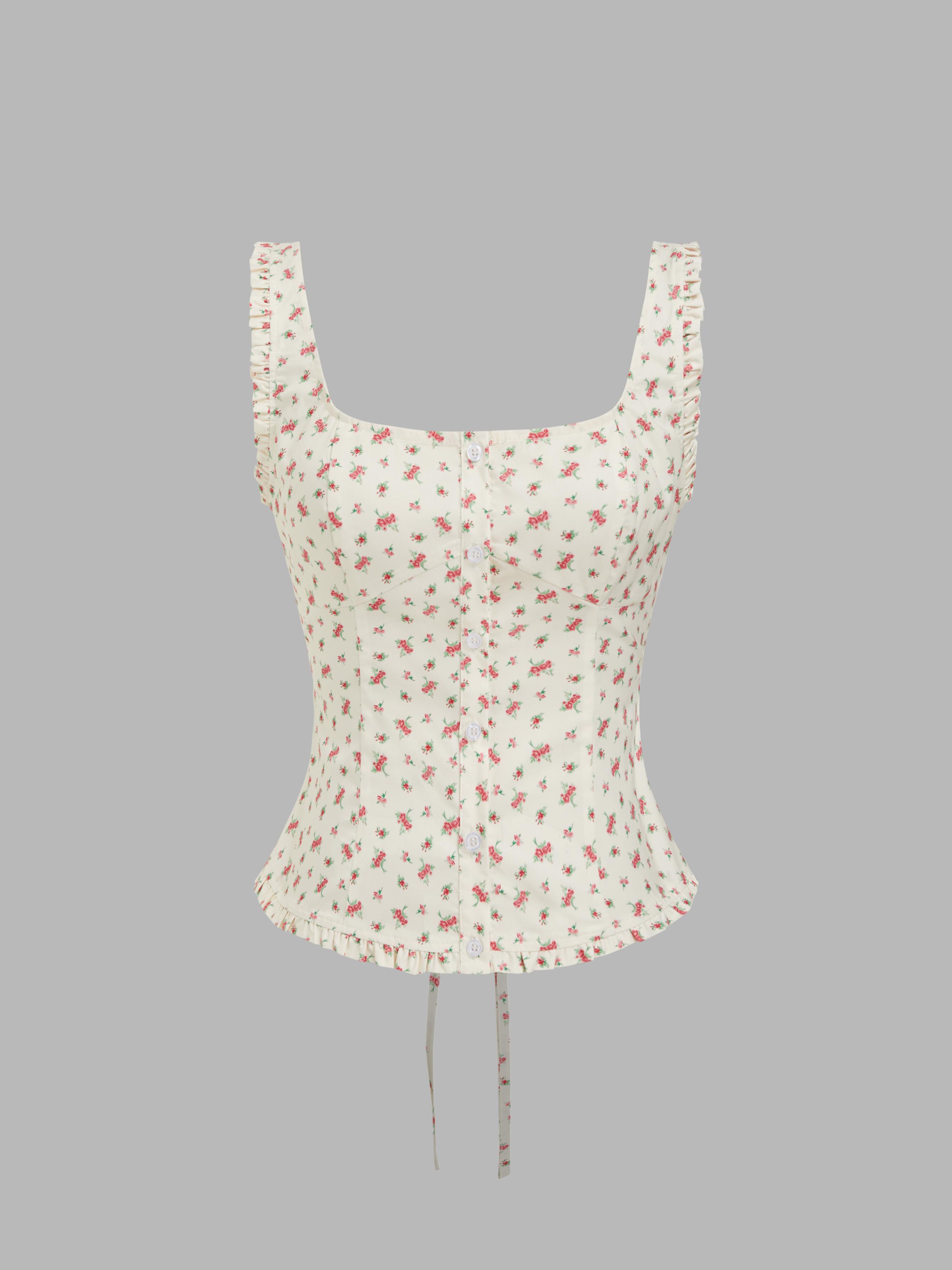 Square Neck Floral Knotted Crop Tank Top by CIDER