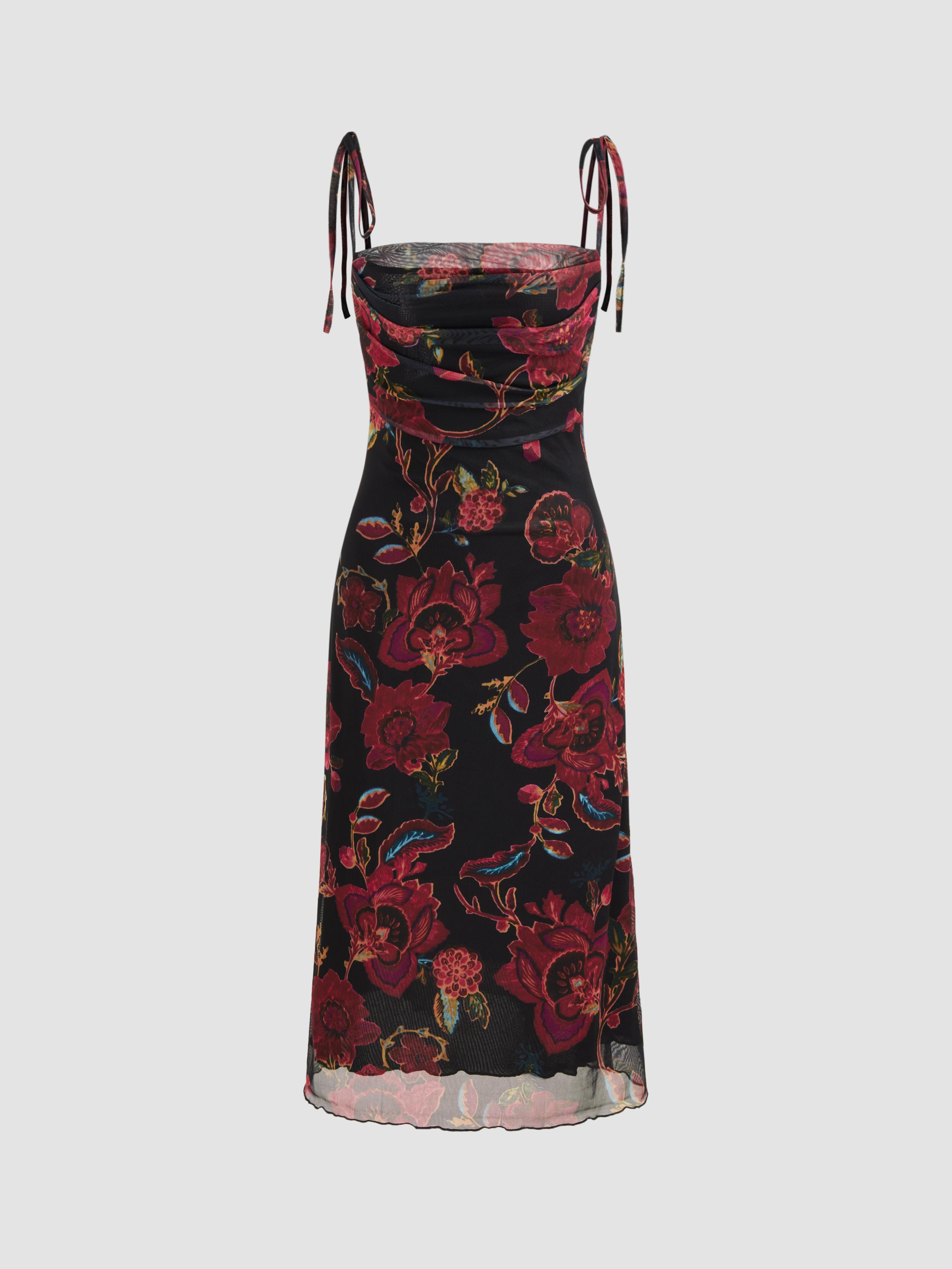 Square Neck Floral Knotted Midi Dress by CIDER