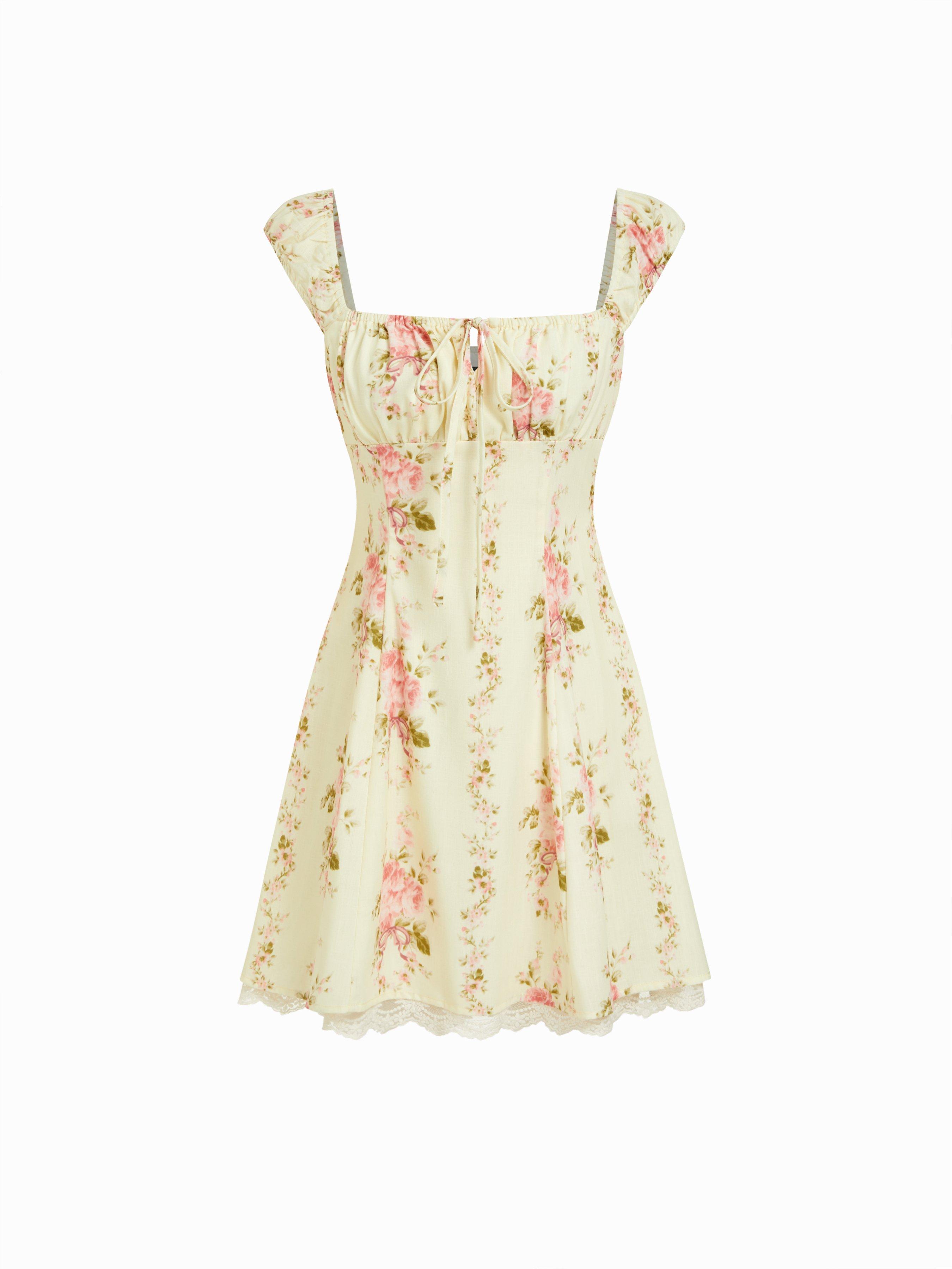 Square Neck Floral Knotted Mini Dress by CIDER