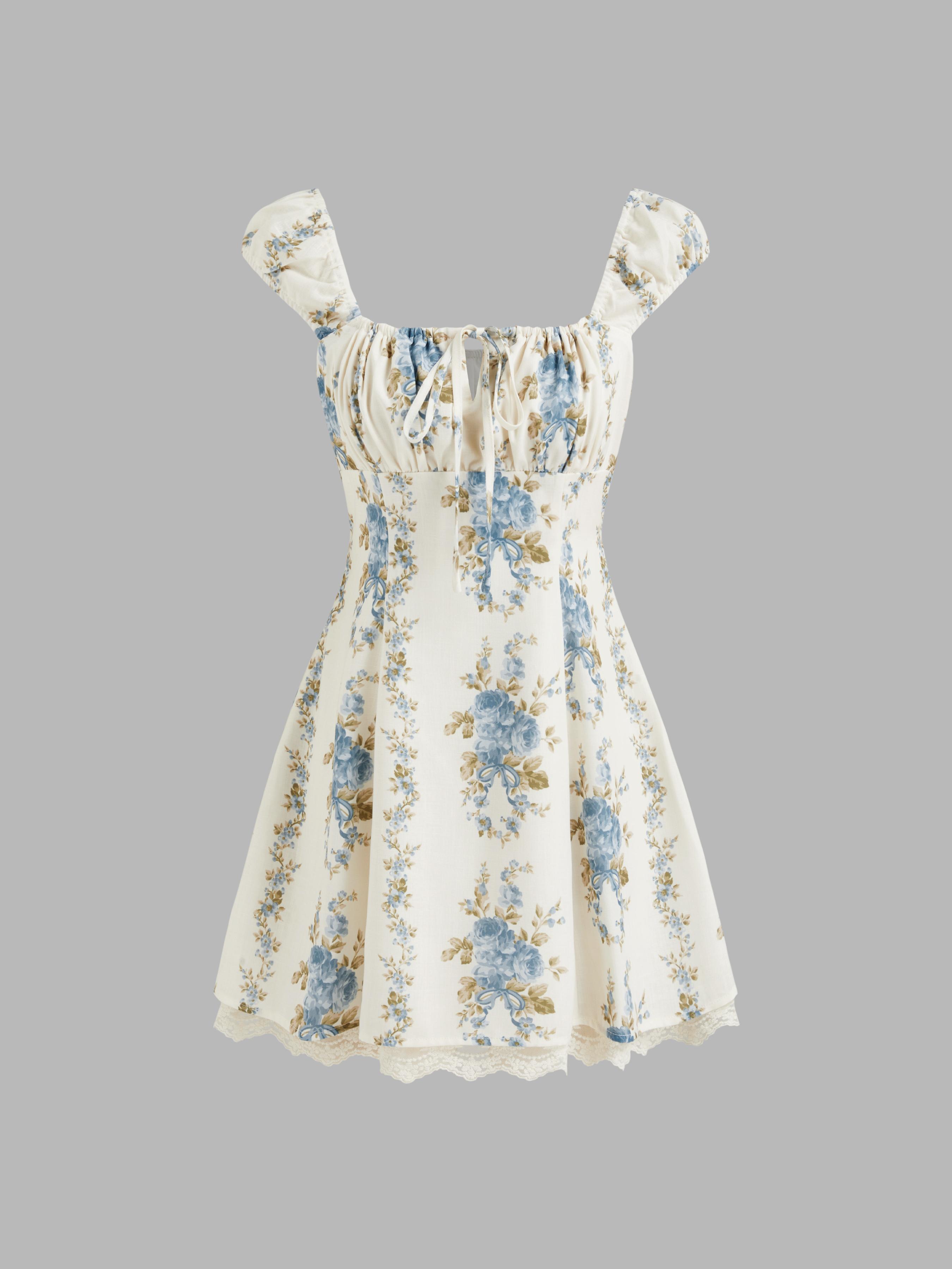 Square Neck Floral Knotted Mini Dress by CIDER