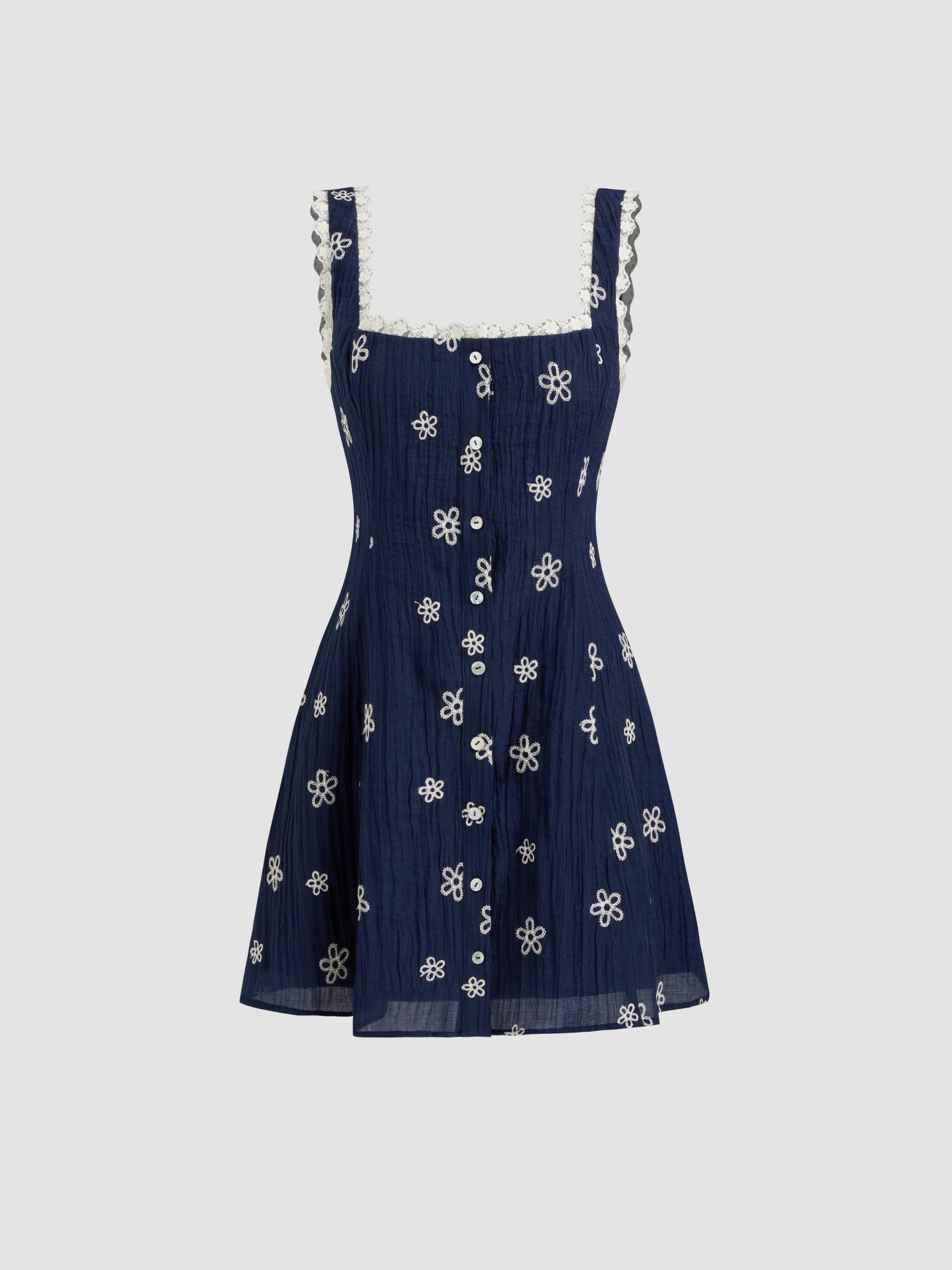 Square Neck Floral Lace Trim Mini Dress by CIDER