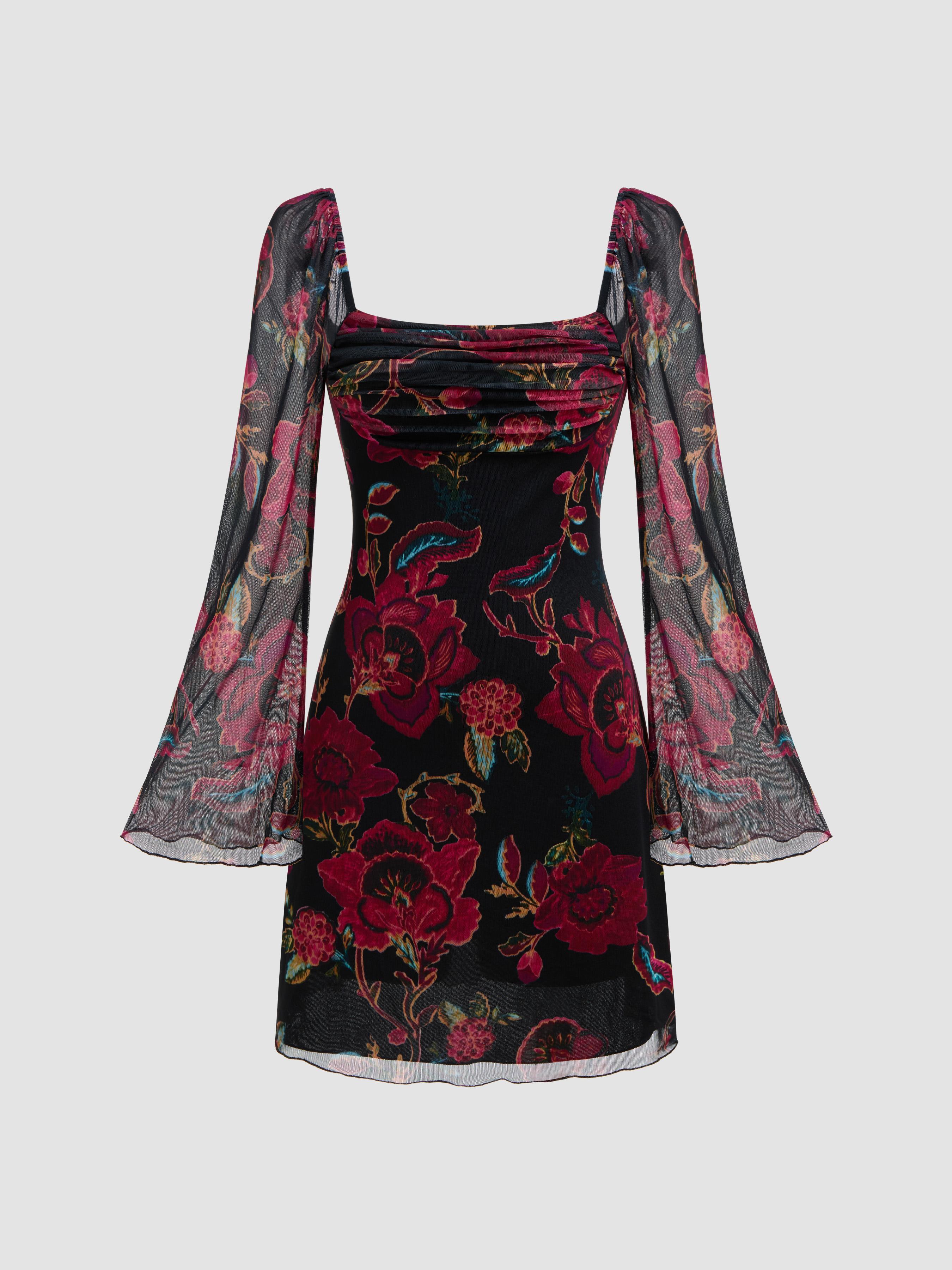Square Neck Floral Lettuce Trim Ruched Mini Dress by CIDER