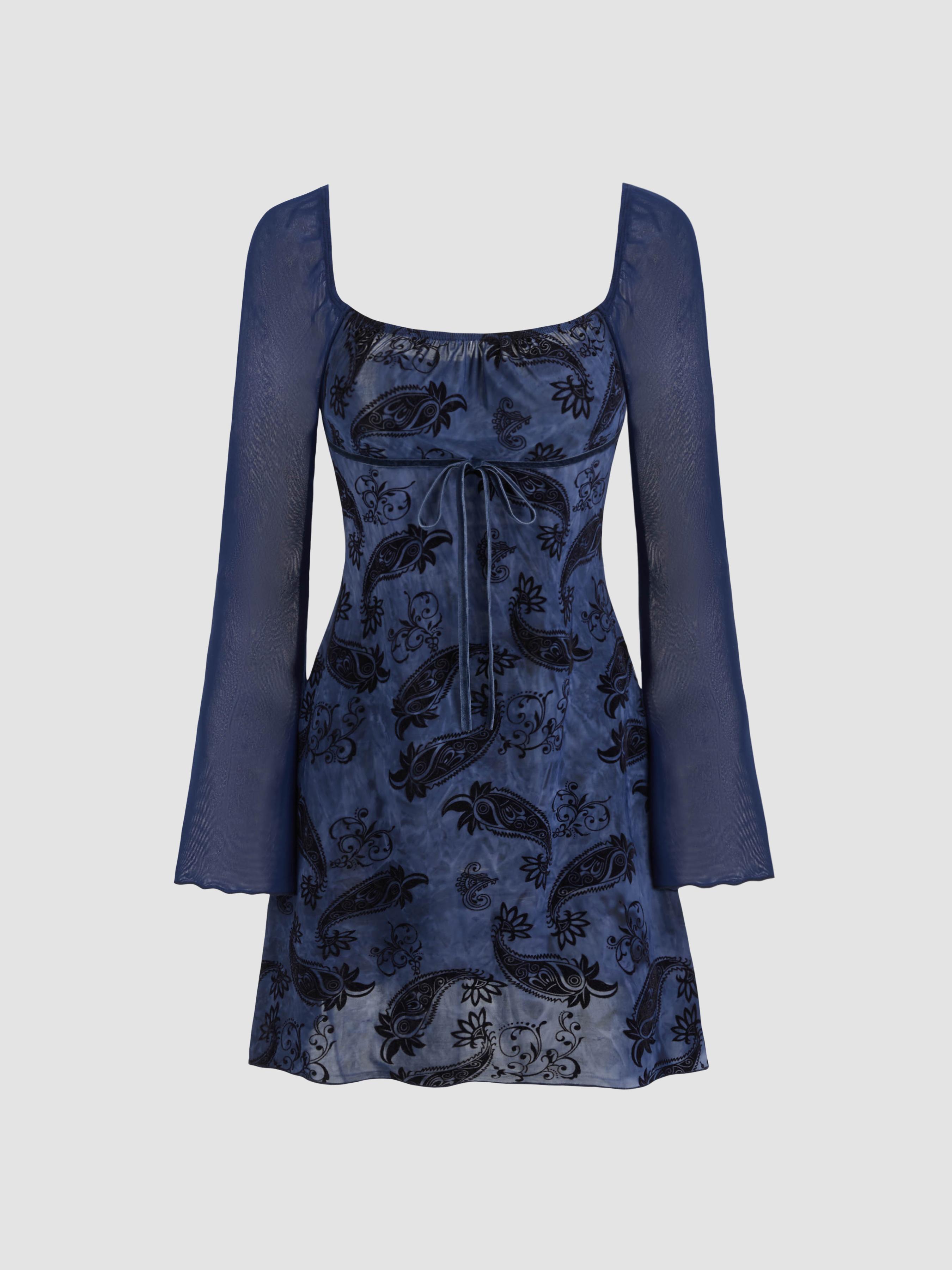 Square Neck Floral Paisley Knotted Long Sleeve Mini Dress by CIDER
