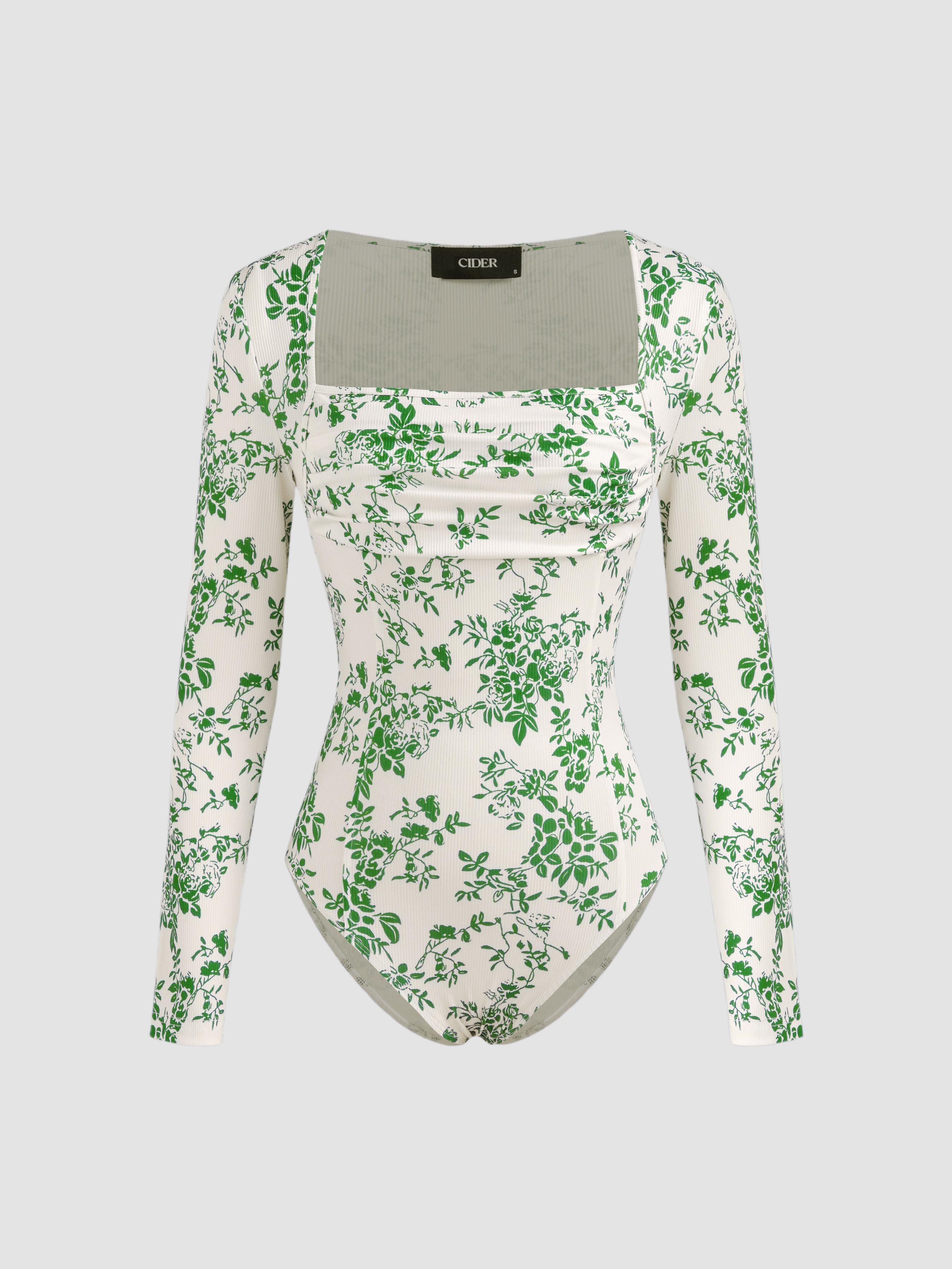 Square Neck Floral Ruched Bodysuit by CIDER