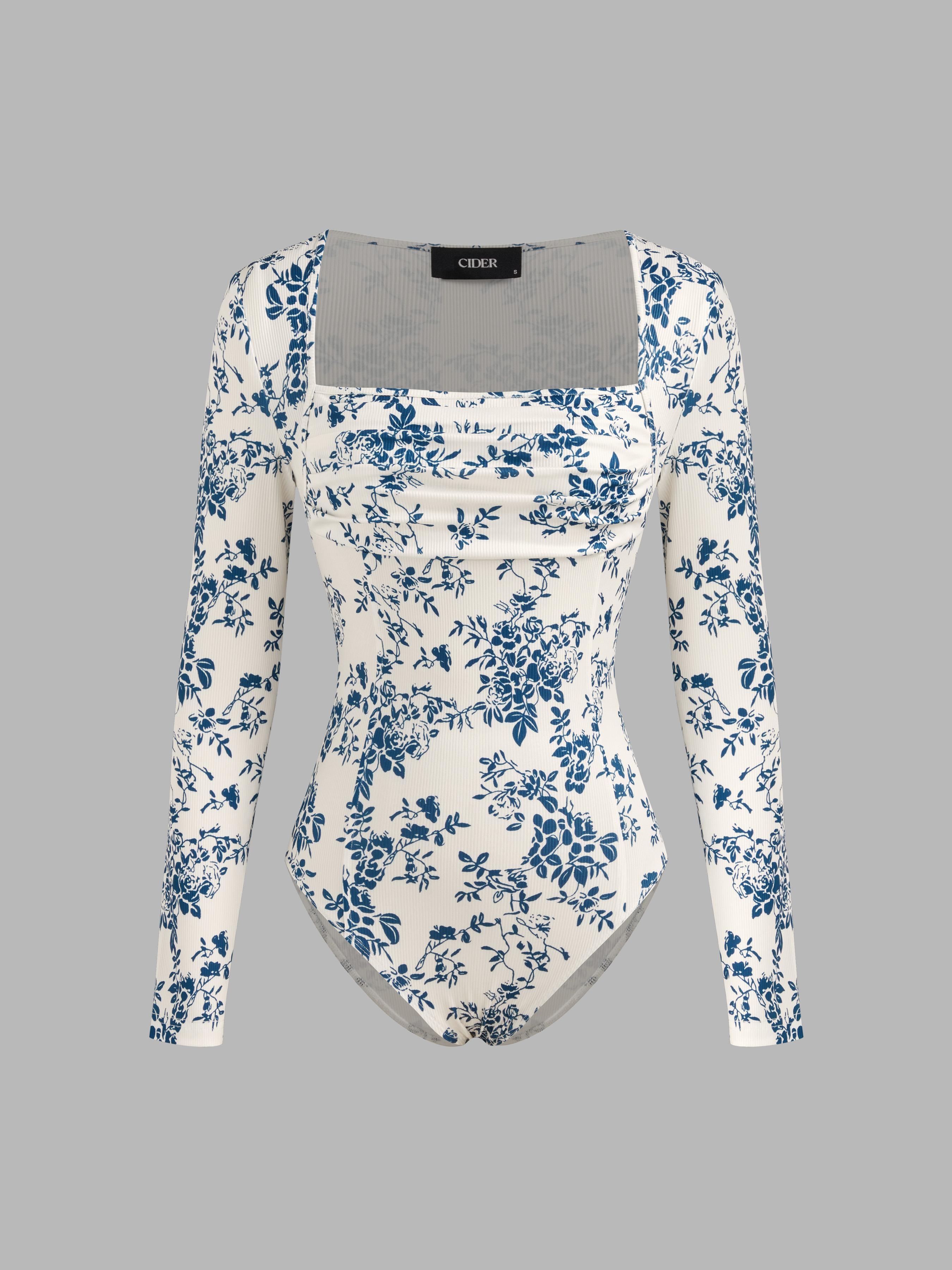 Square Neck Floral Ruched Bodysuit by CIDER