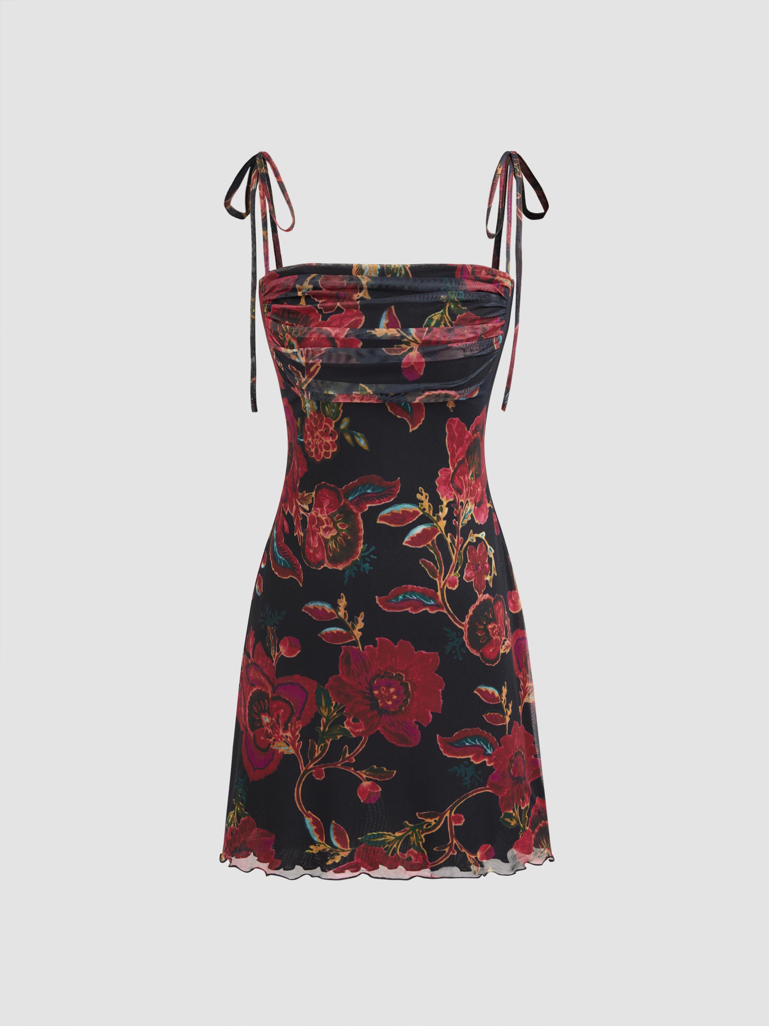 Square Neck Floral Ruched Mini Dress by CIDER