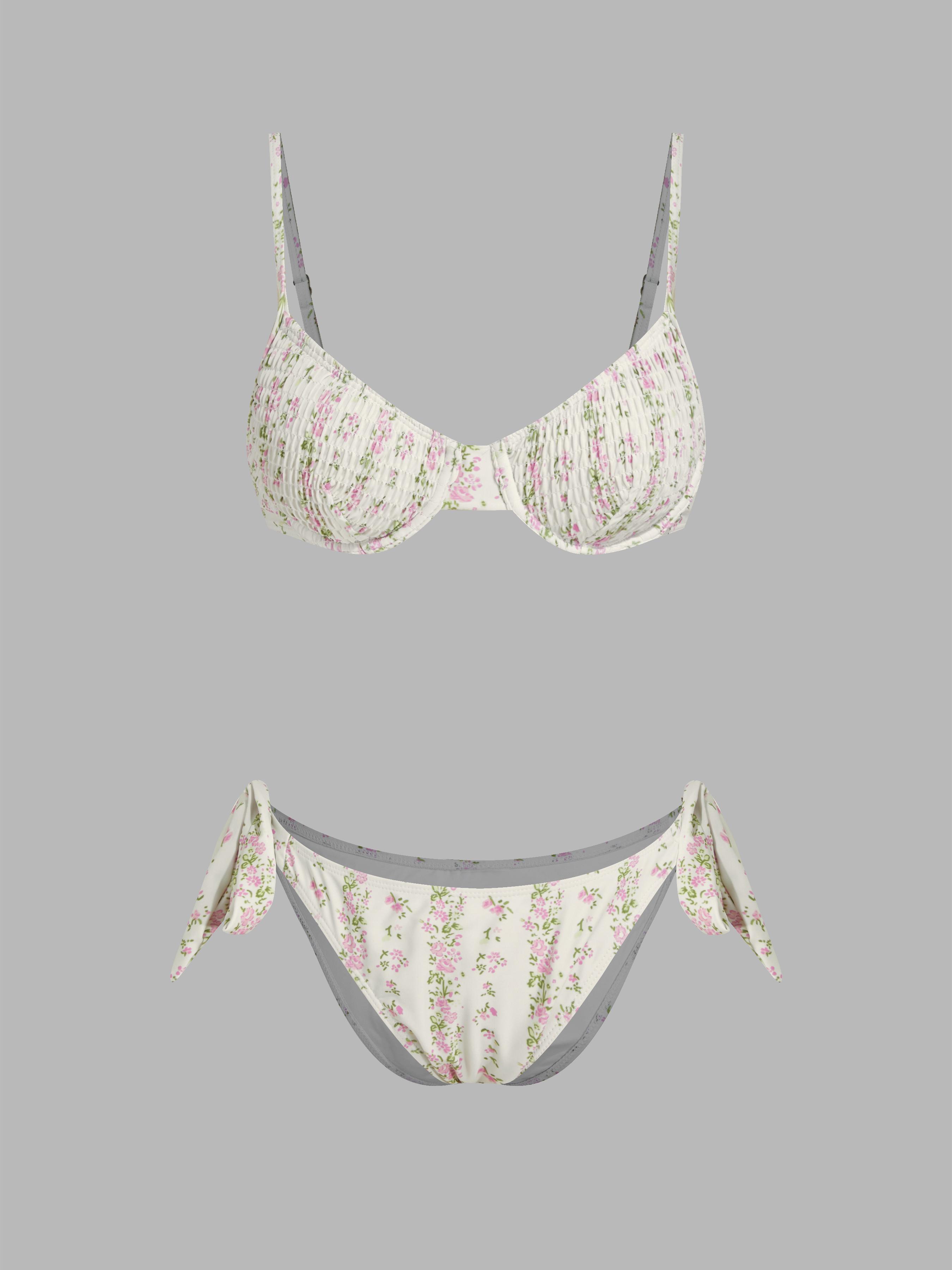 Square Neck Floral Shirred Underwire Tie Side Bikini Swimsuit by CIDER